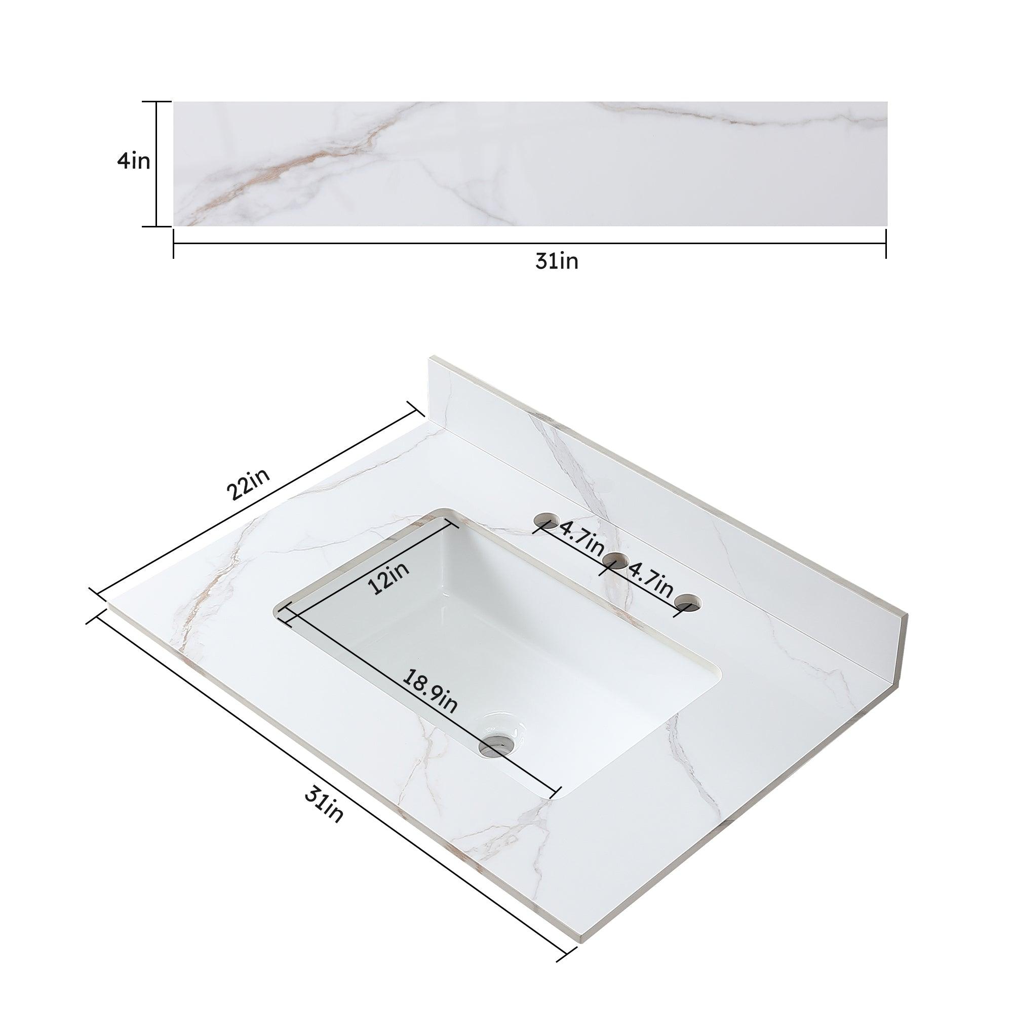 Supfirm Montary 31inch bathroom vanity top stone carrara gold  new style tops with rectangle undermount ceramic sink  and back splash with 3 faucet hole  for bathrom cabinet