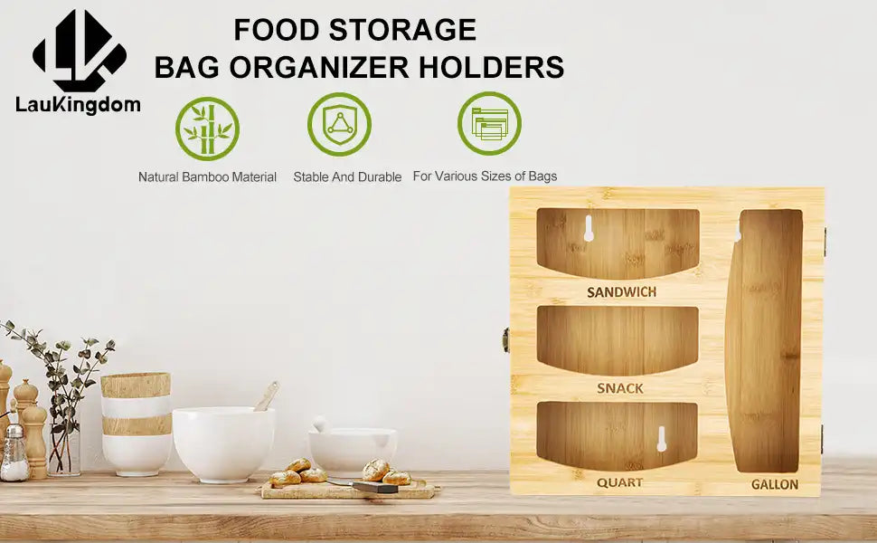 Laukingdom Ziplock Bag Organizer, Bamboo Plastic Bag Organizer with Lid Dispenser