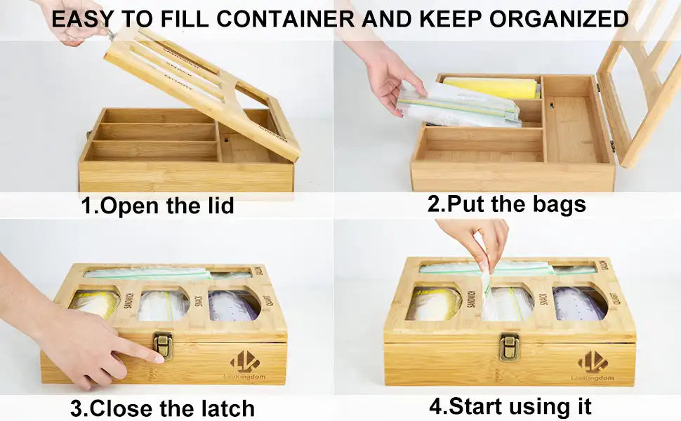 Laukingdom Ziplock Bag Organizer, Bamboo Plastic Bag Organizer with Lid Dispenser