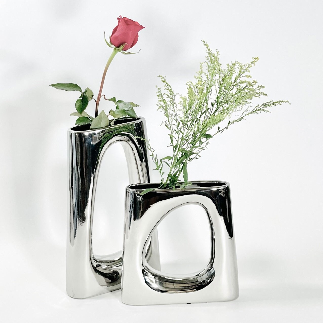 Modern Void Ceramic Vase in Silver Metallic Finishes