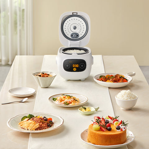 There was a pot of rice in the open rice cooker and other goodies on the table.