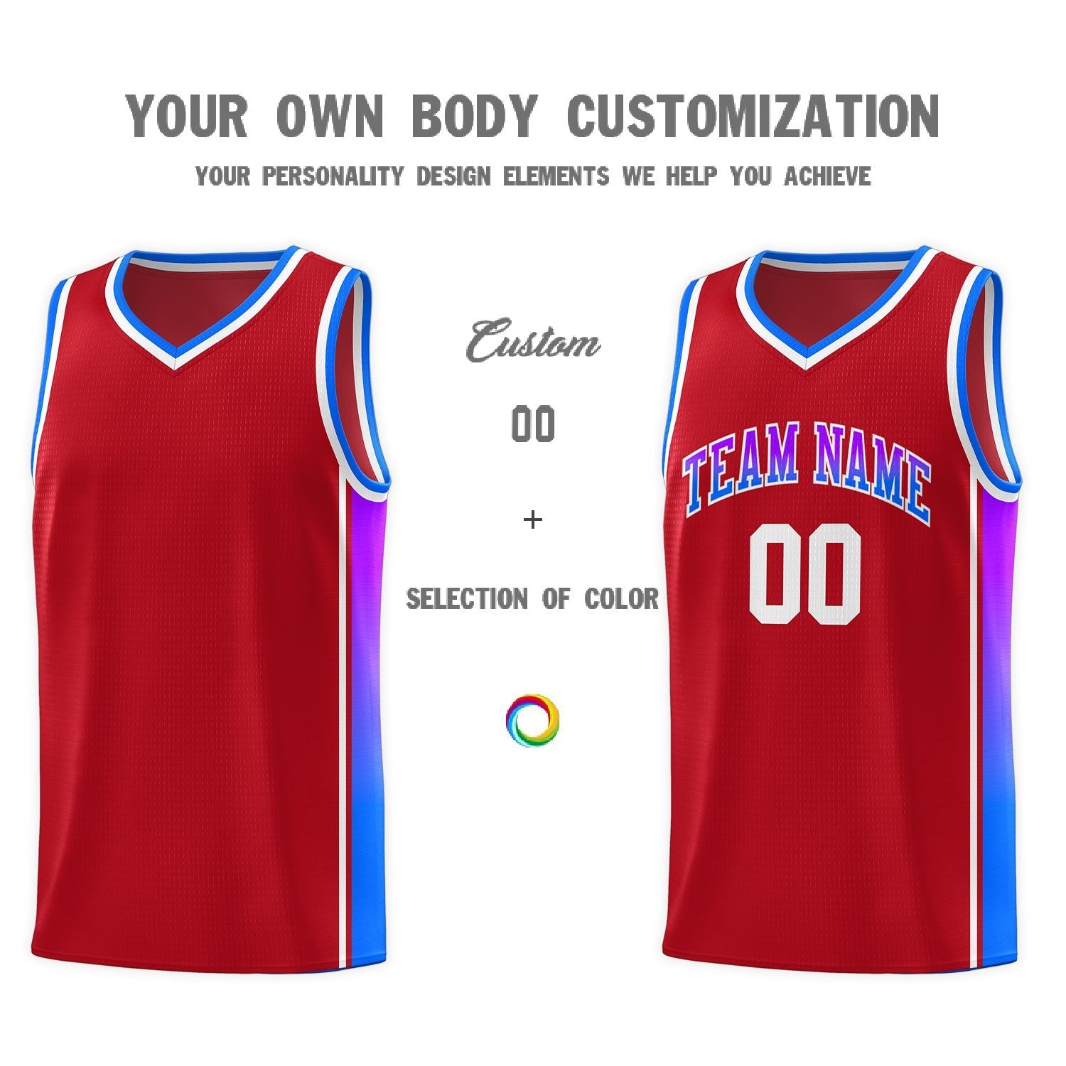 Custom Red Purple-Light Blue Gradient Fashion Sports Uniform Basketball Jersey