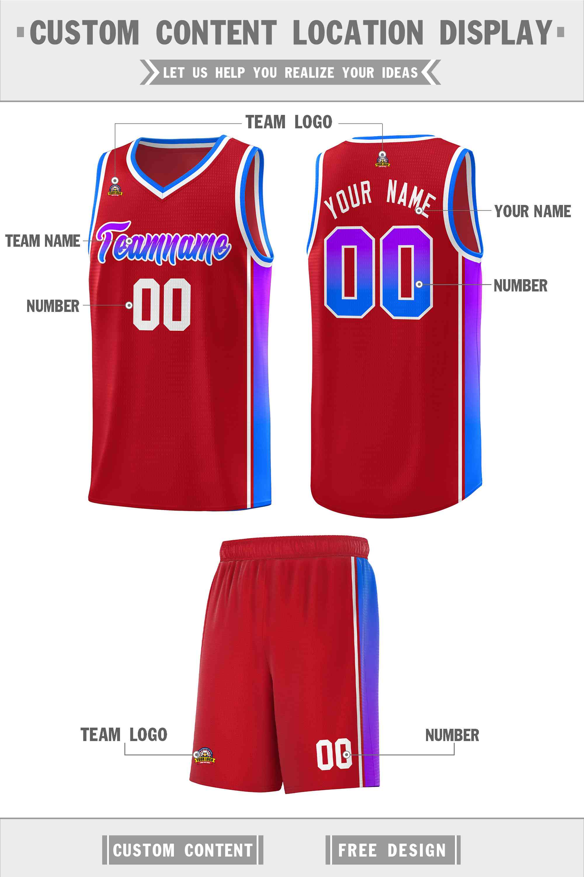 Custom Red Purple-Light Blue Gradient Fashion Sports Uniform Basketball Jersey