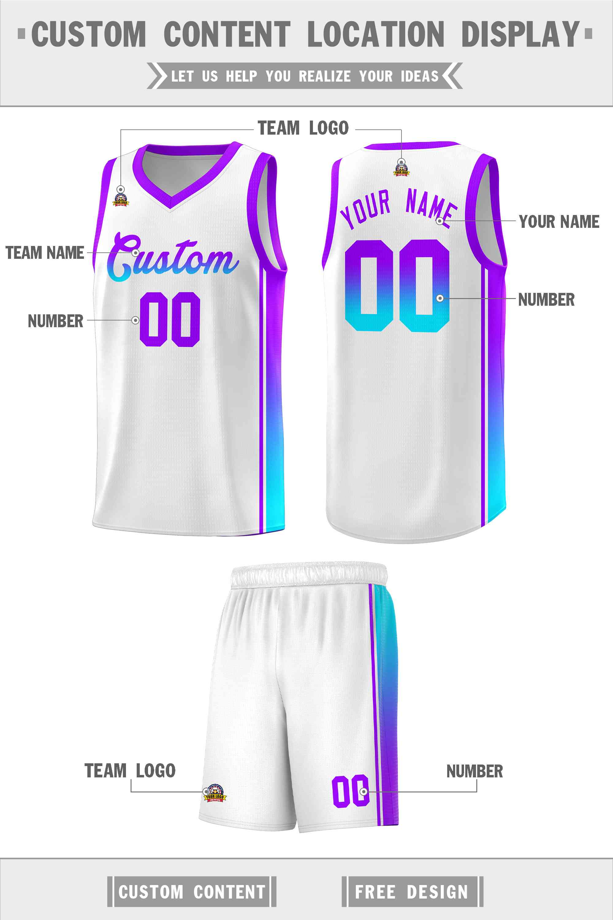 Custom White Purple-Light Blue Gradient Fashion Sports Uniform Basketball Jersey
