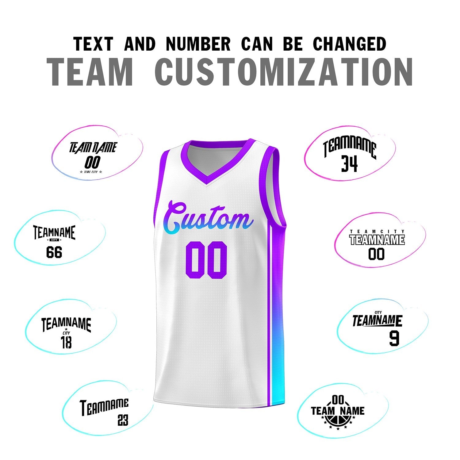 Custom White Purple-Light Blue Gradient Fashion Sports Uniform Basketball Jersey