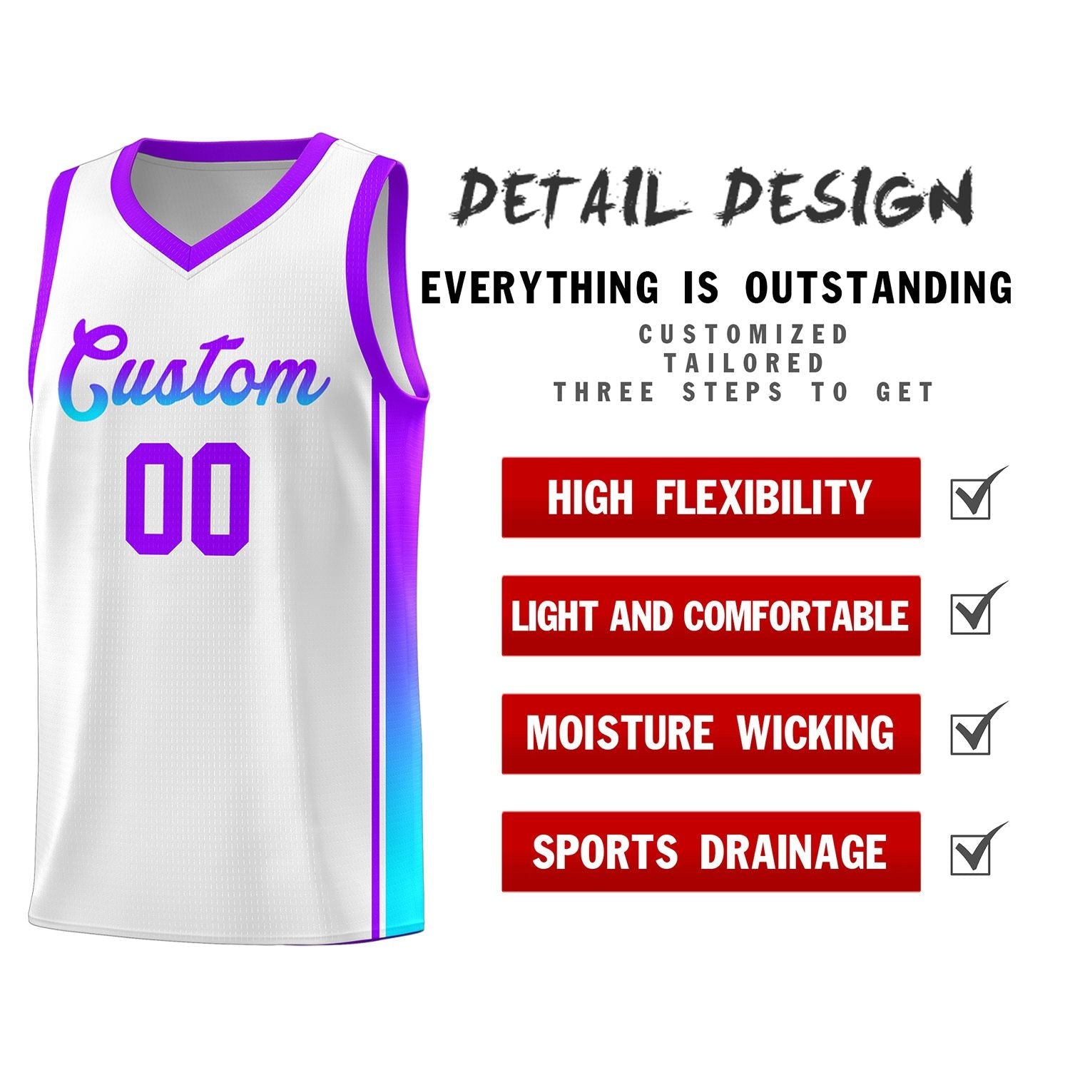 Custom White Purple-Light Blue Gradient Fashion Sports Uniform Basketball Jersey