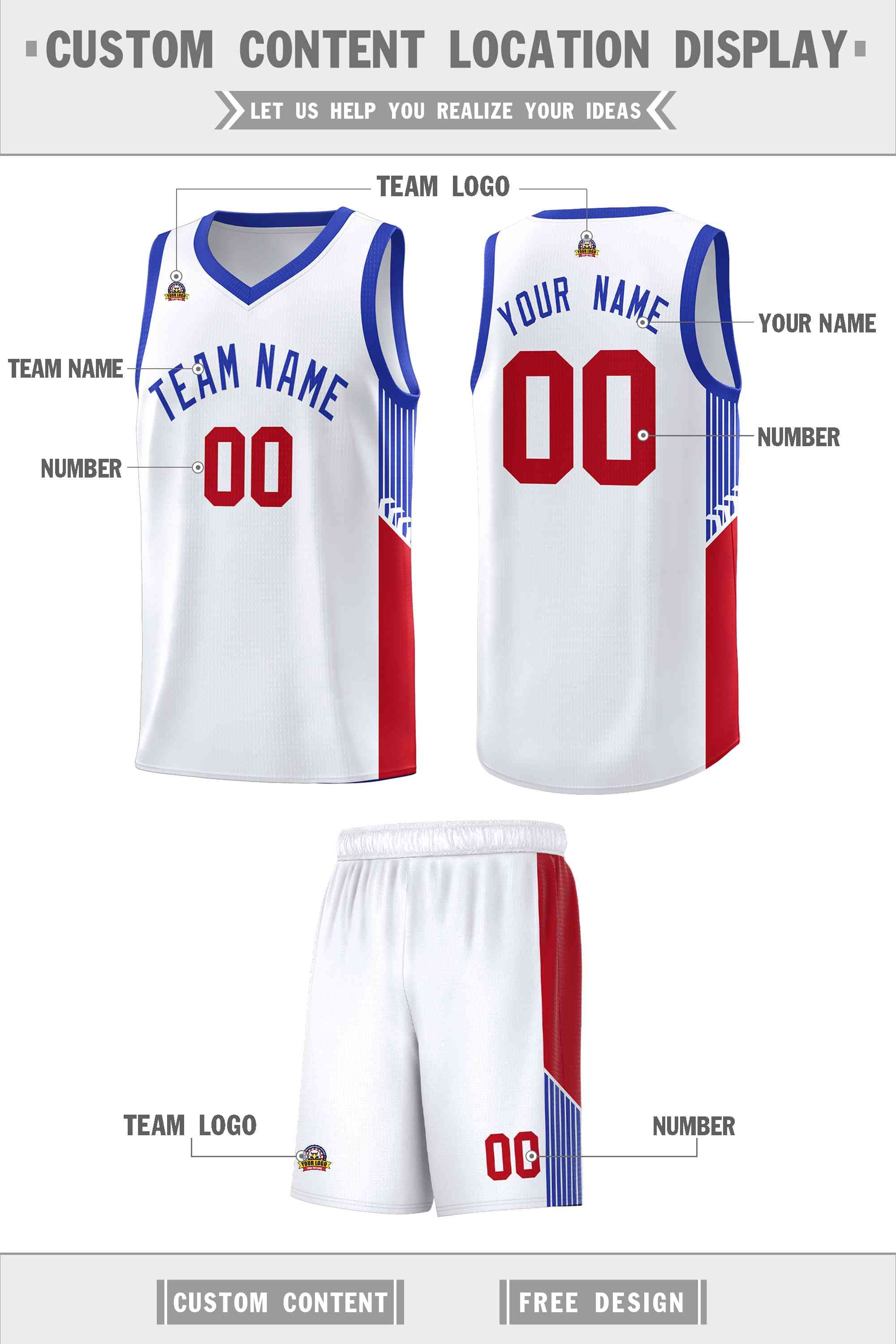 Custom White Royal Side Stripe Fashion Sports Uniform Basketball Jersey
