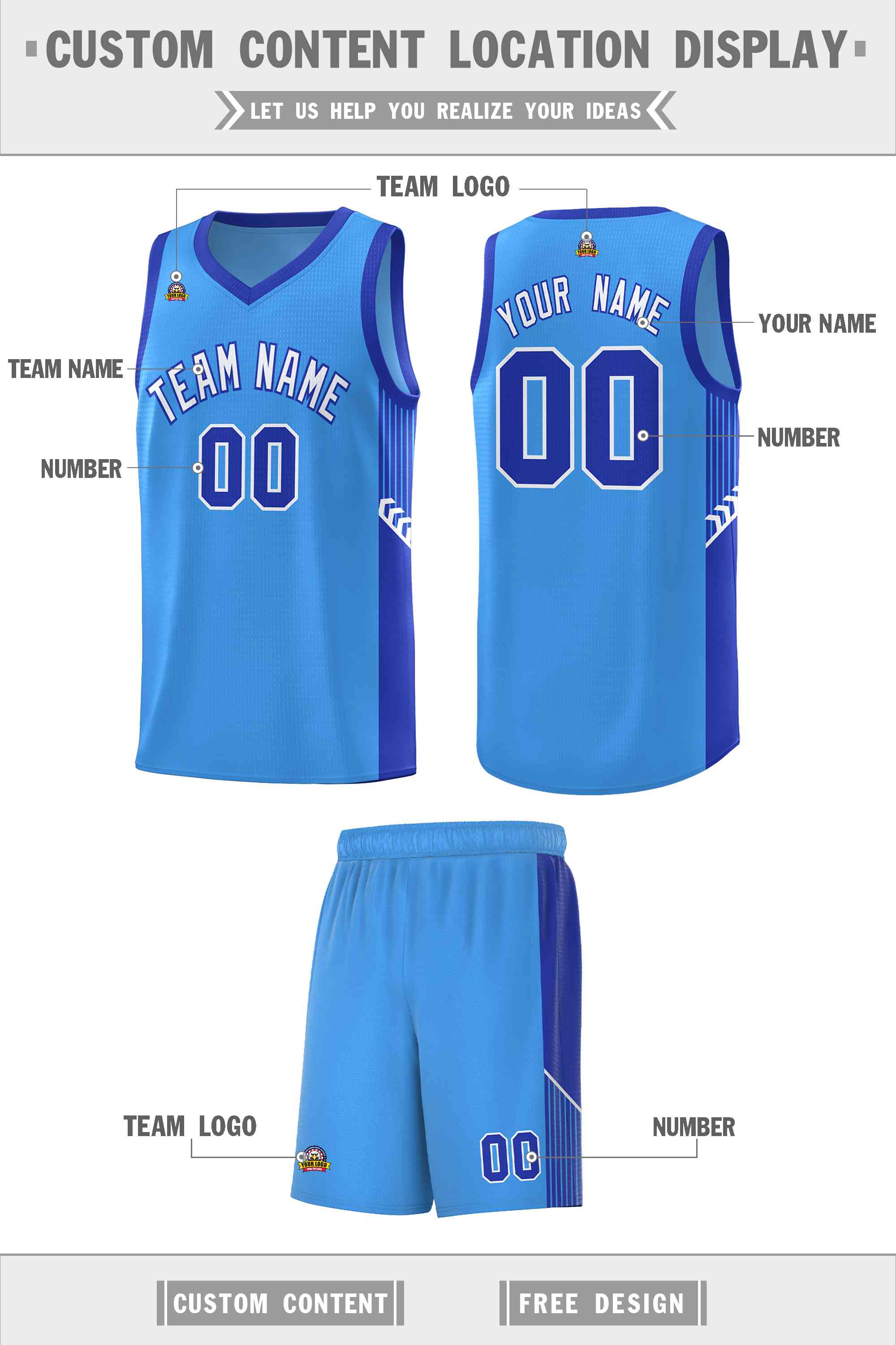 Custom Powder Blue White-Royal Side Stripe Fashion Sports Uniform Basketball Jersey