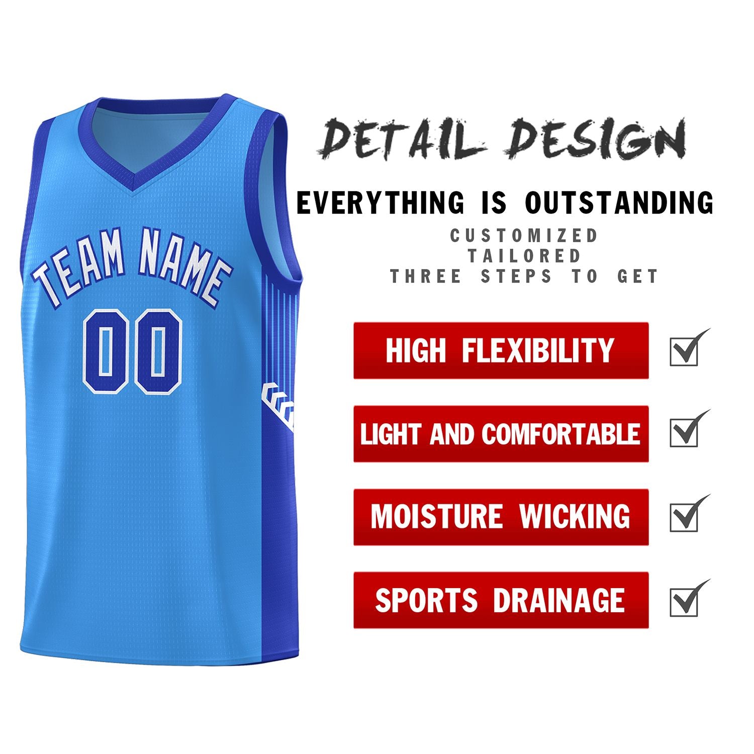 Custom Powder Blue White-Royal Side Stripe Fashion Sports Uniform Basketball Jersey