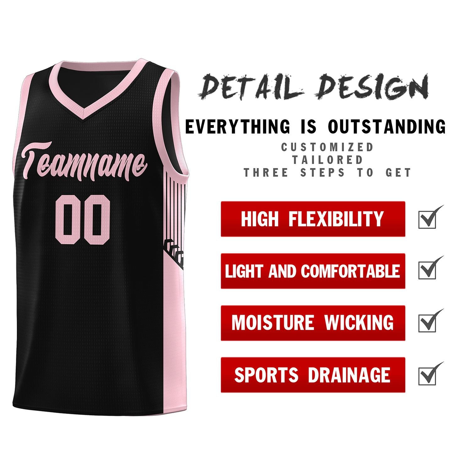 Custom Black Pink Side Stripe Fashion Sports Uniform Basketball Jersey