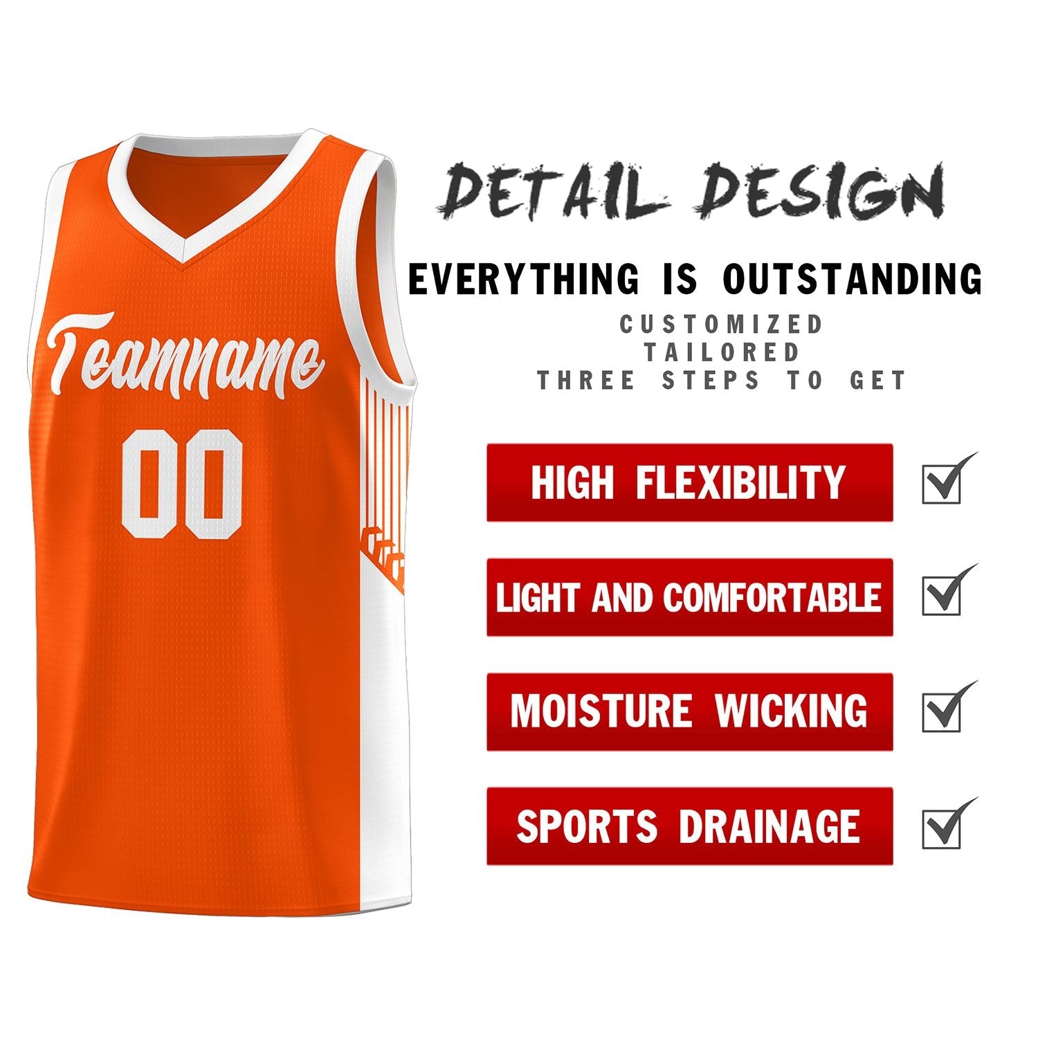 Custom Orange White Side Stripe Fashion Sports Uniform Basketball Jersey