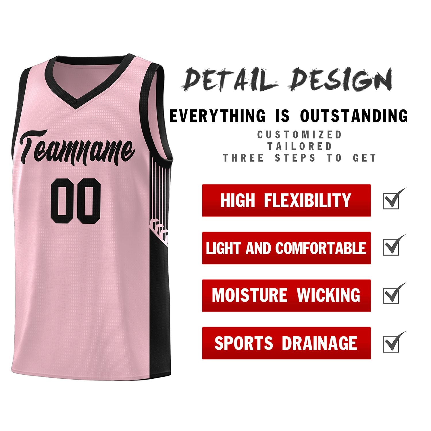 Custom Pink Black Side Stripe Fashion Sports Uniform Basketball Jersey