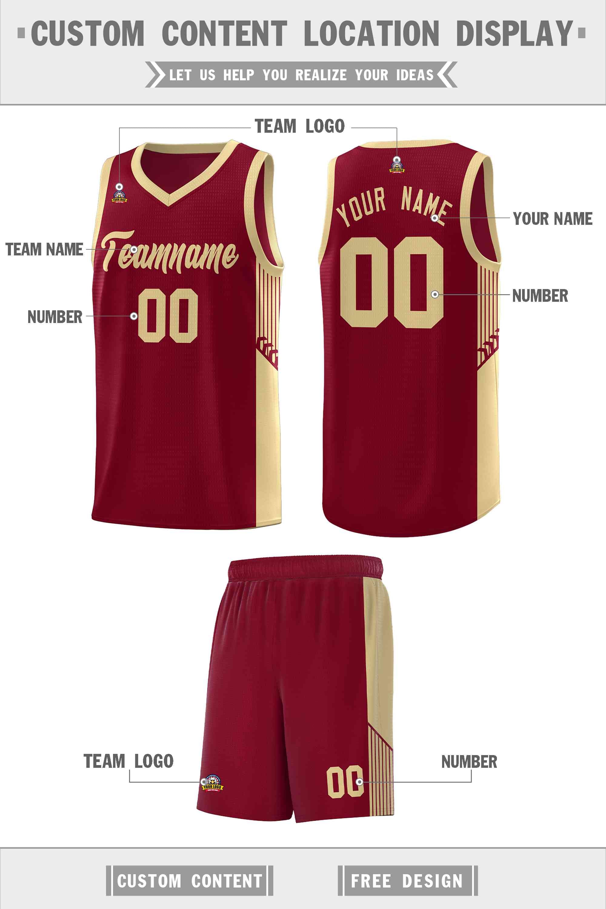 Custom Crimson Khaki Side Stripe Fashion Sports Uniform Basketball Jersey