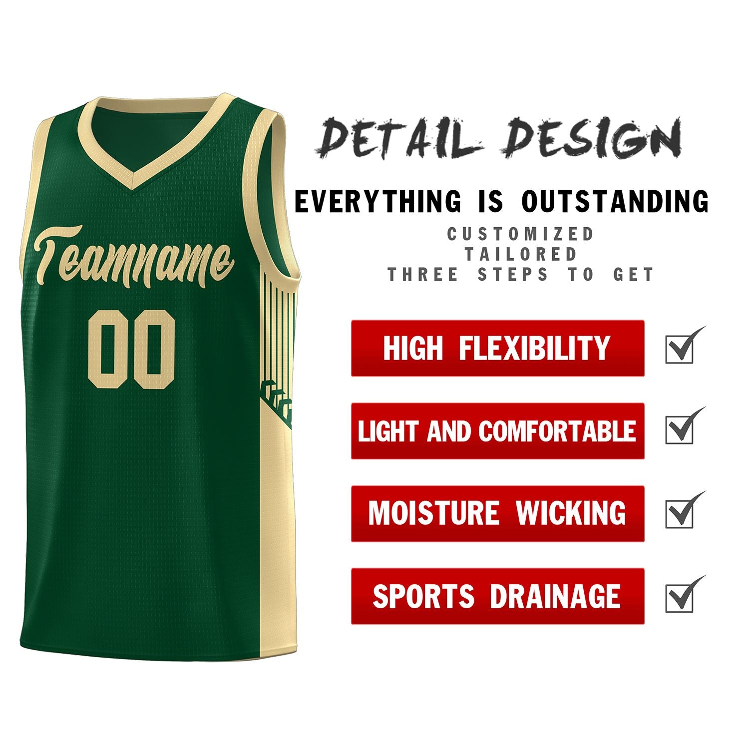 Custom Green Khaki Side Stripe Fashion Sports Uniform Basketball Jersey