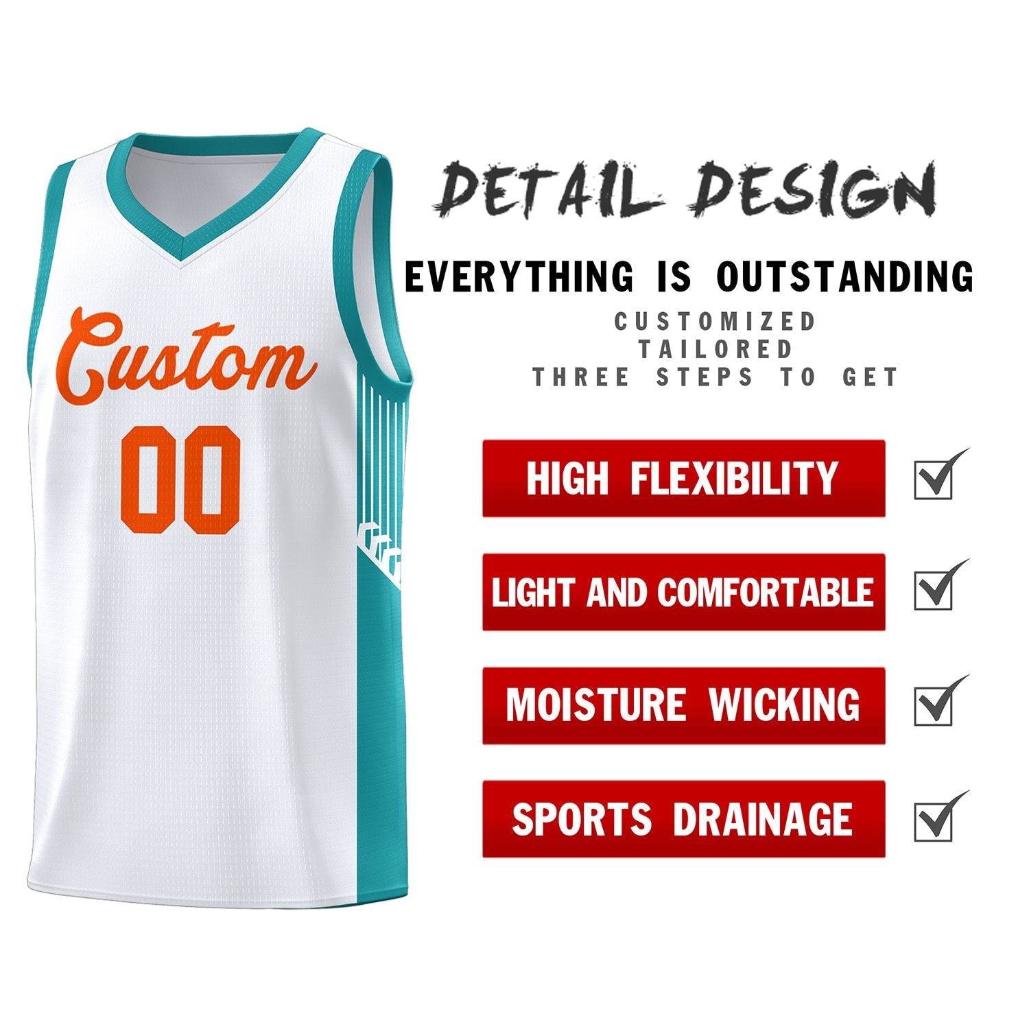 Custom White Orange Side Stripe Fashion Sports Uniform Basketball Jersey