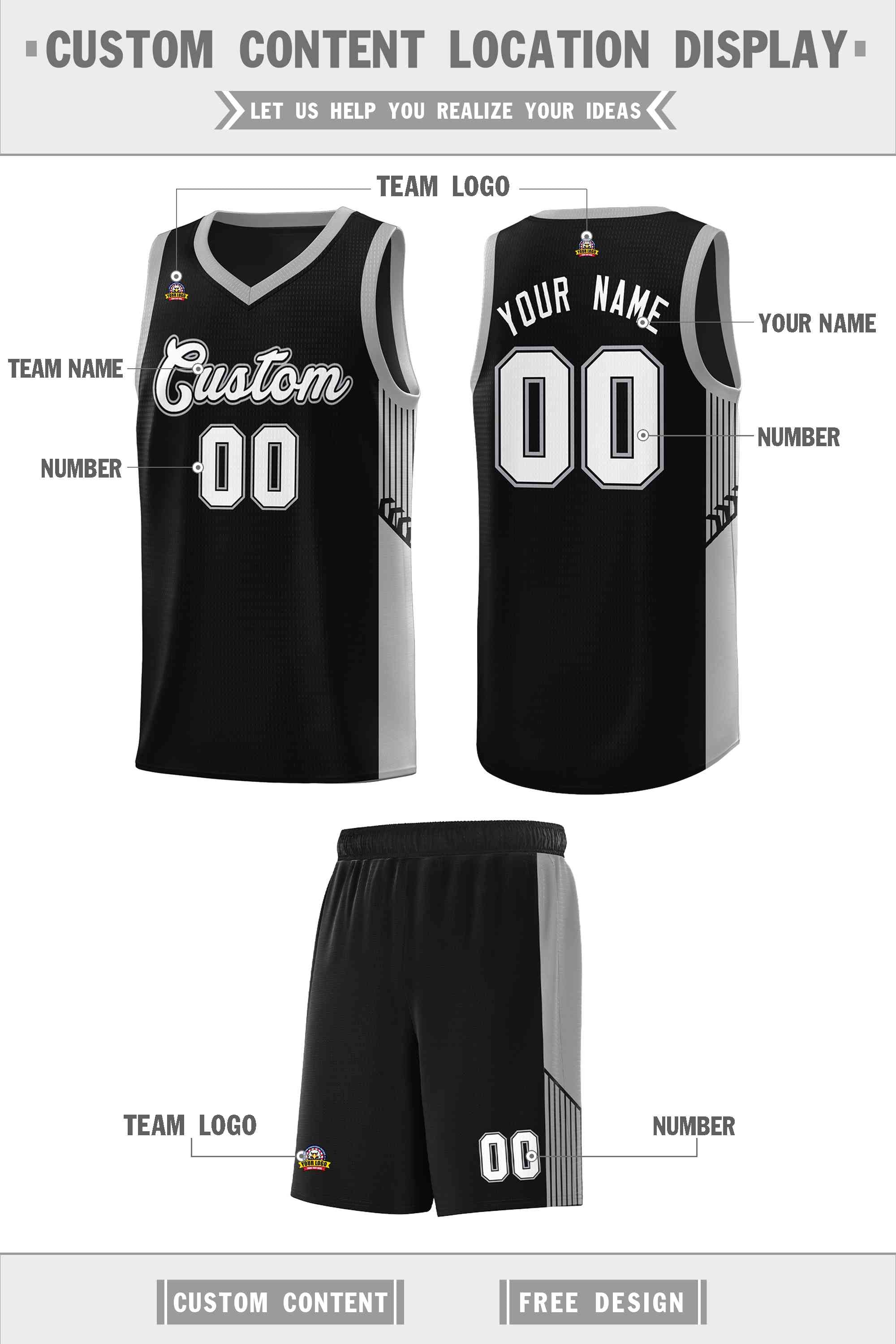 Custom Black White Side Stripe Fashion Sports Uniform Basketball Jersey