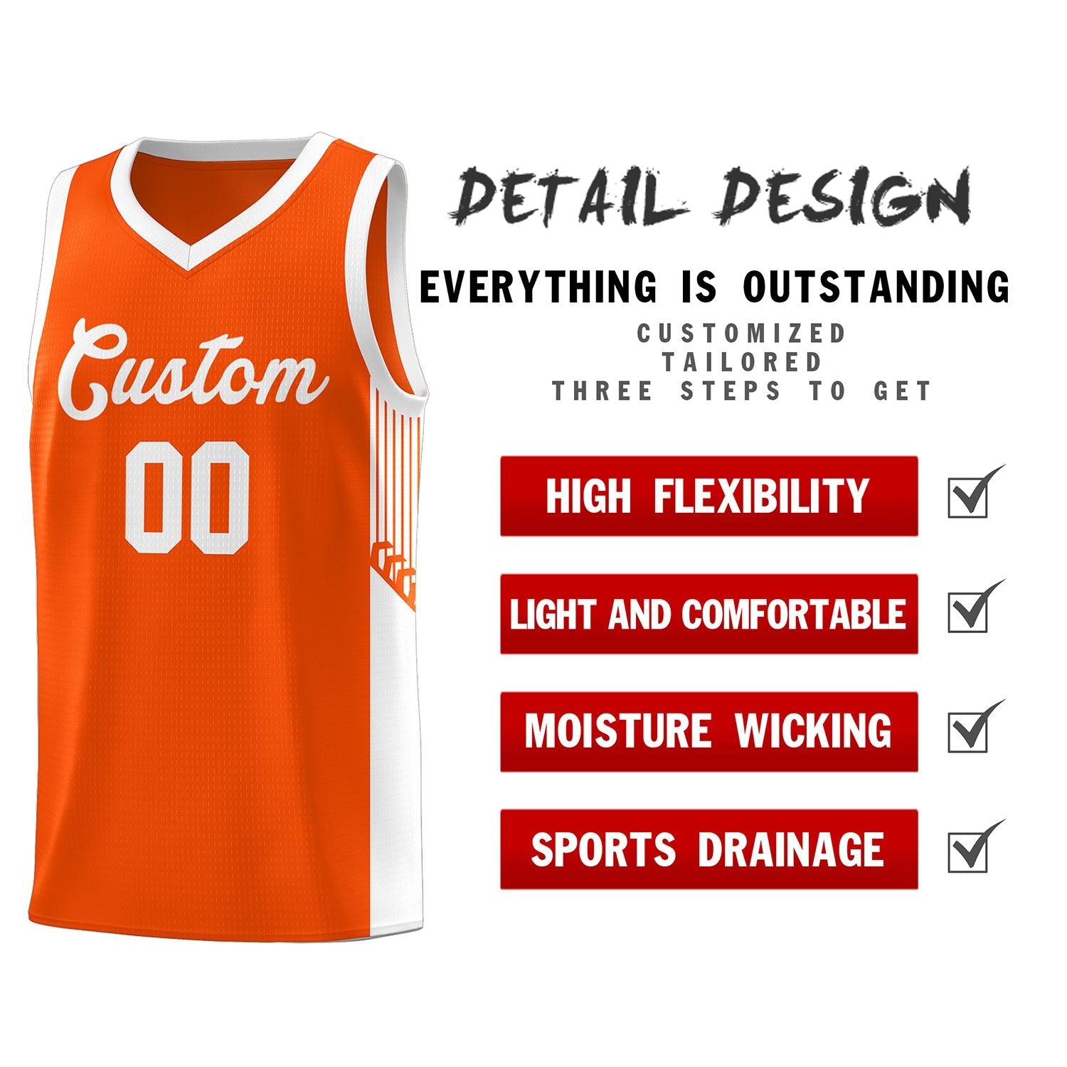 Custom Orange White Side Stripe Fashion Sports Uniform Basketball Jersey