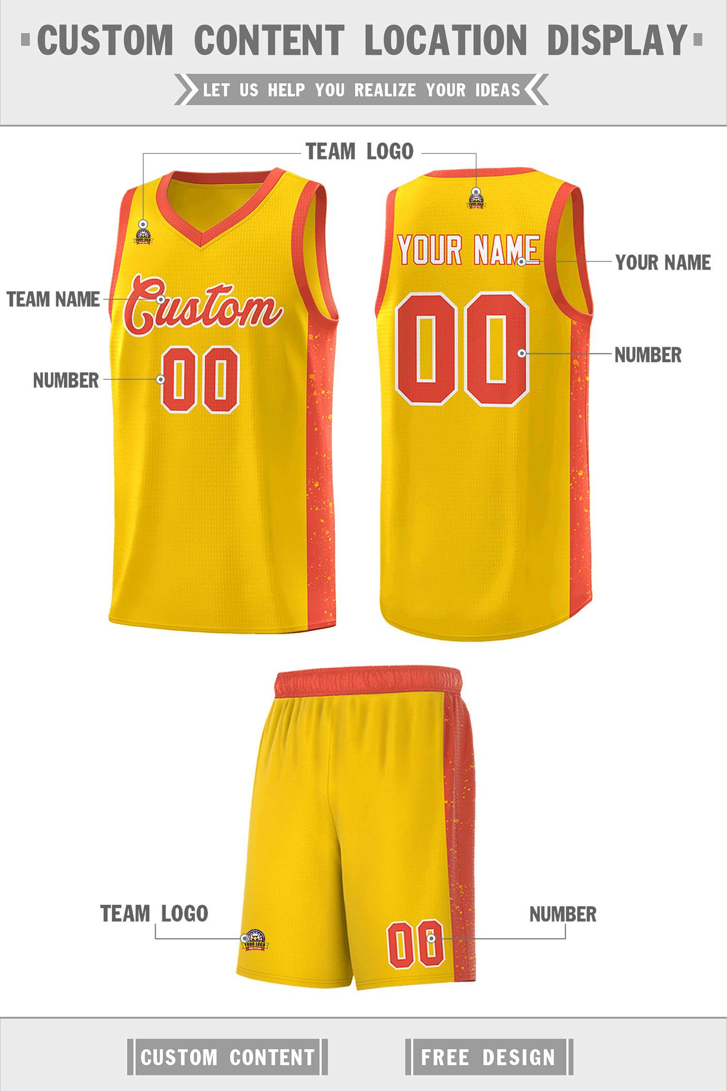 Custom Gold Orange-White Side Splash Sports Uniform Basketball Jersey