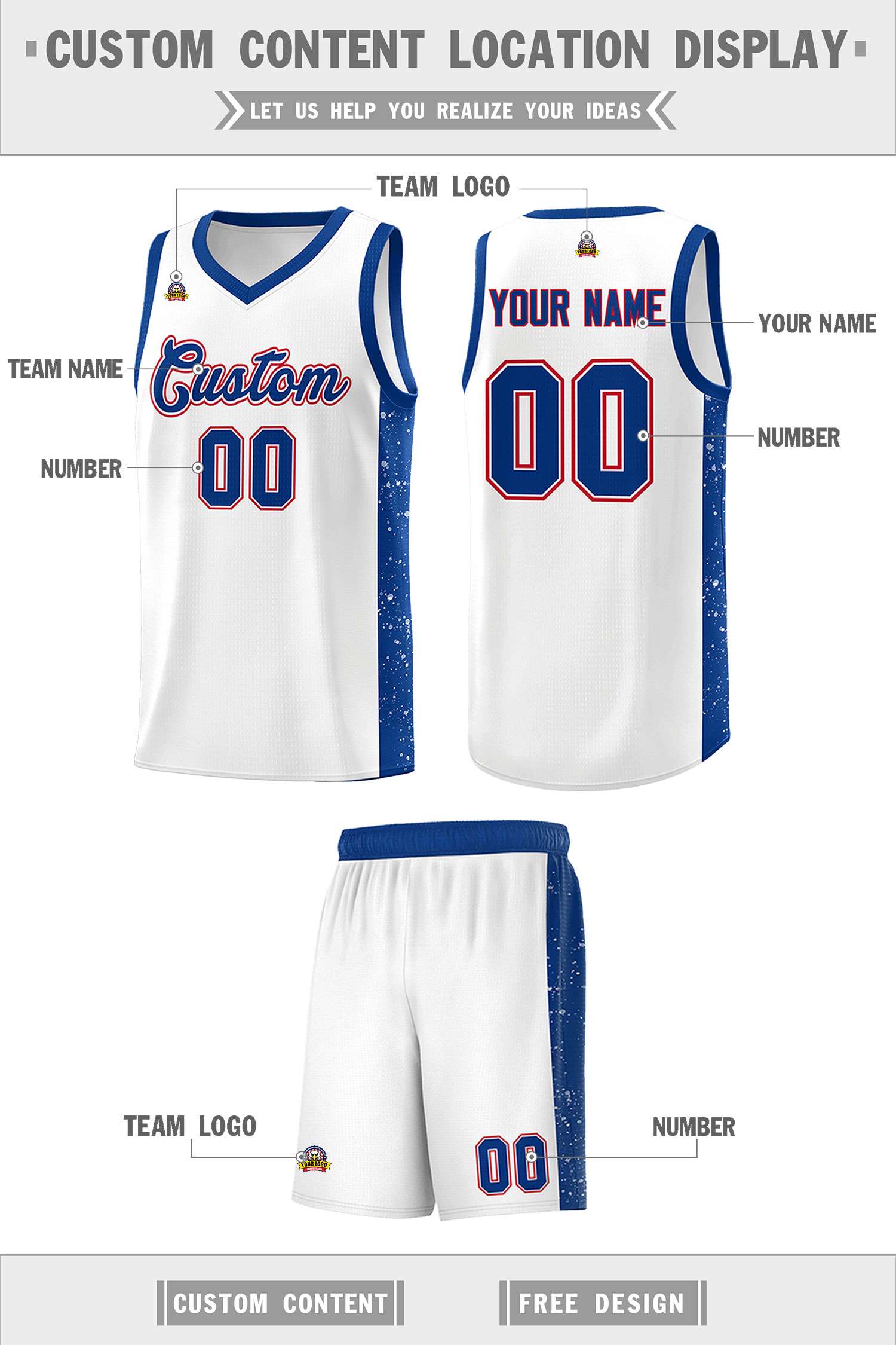 Custom White Royal Side Splash Sports Uniform Basketball Jersey