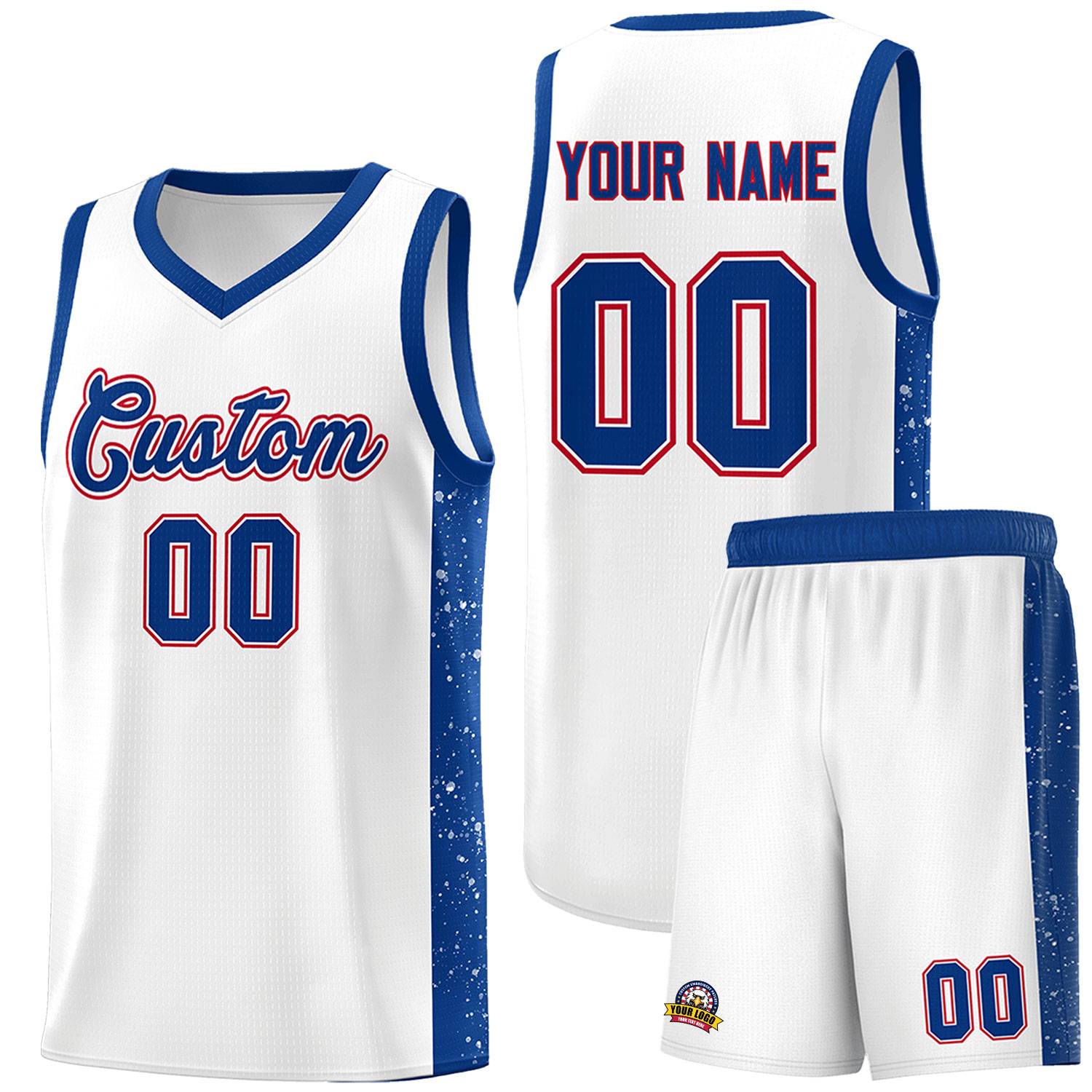 Custom White Royal Side Splash Sports Uniform Basketball Jersey