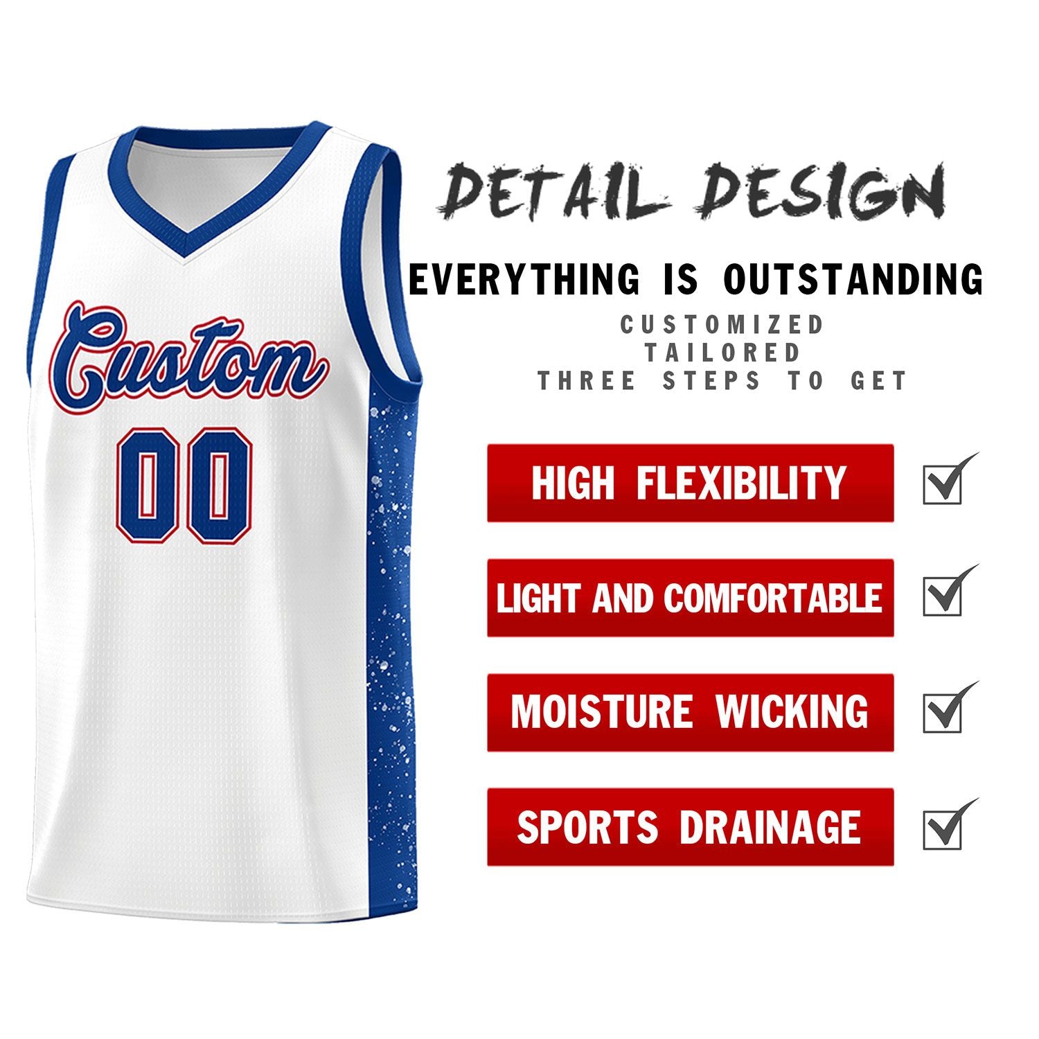 Custom White Royal Side Splash Sports Uniform Basketball Jersey