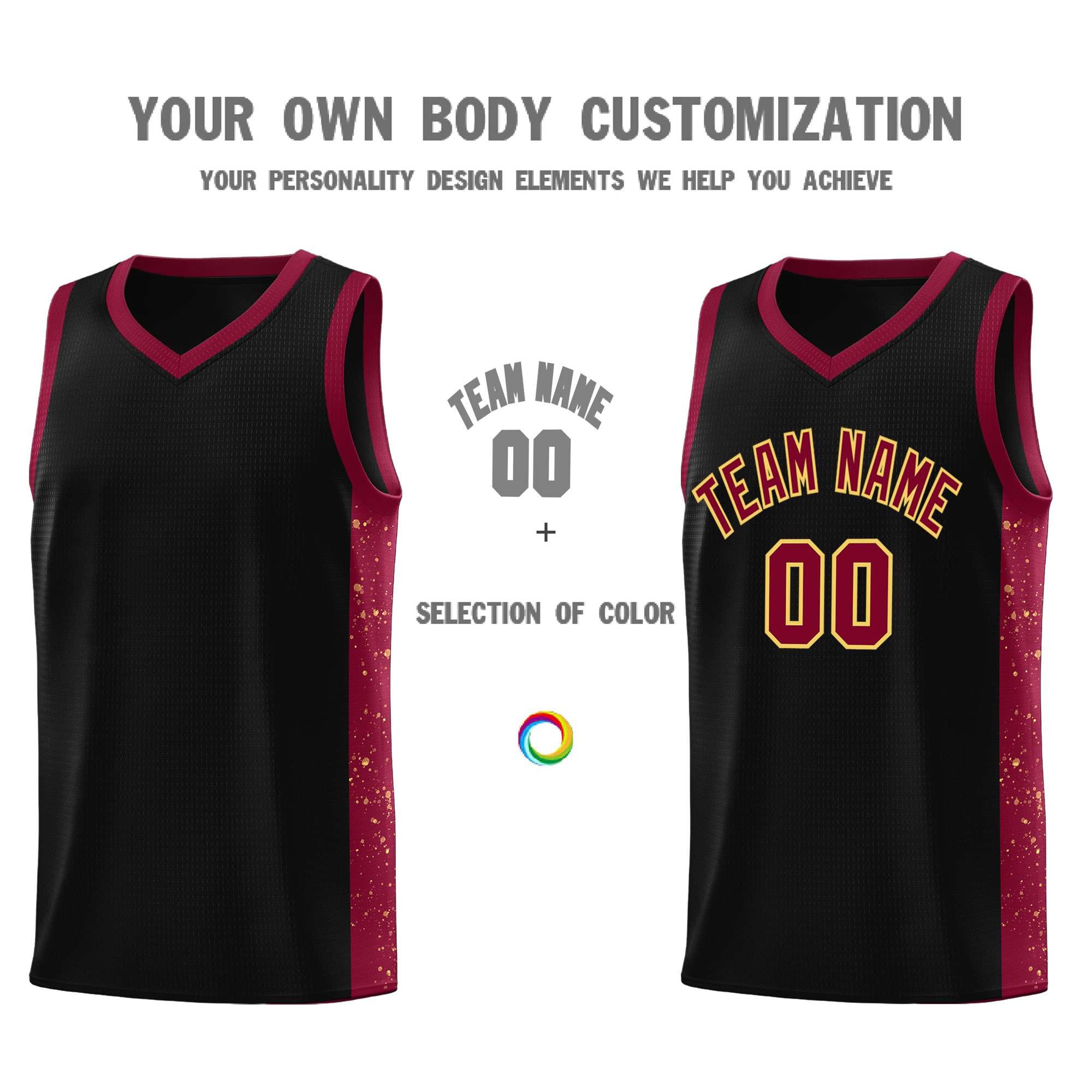 Custom Black Crimson-Khaki Side Splash Sports Uniform Basketball Jersey