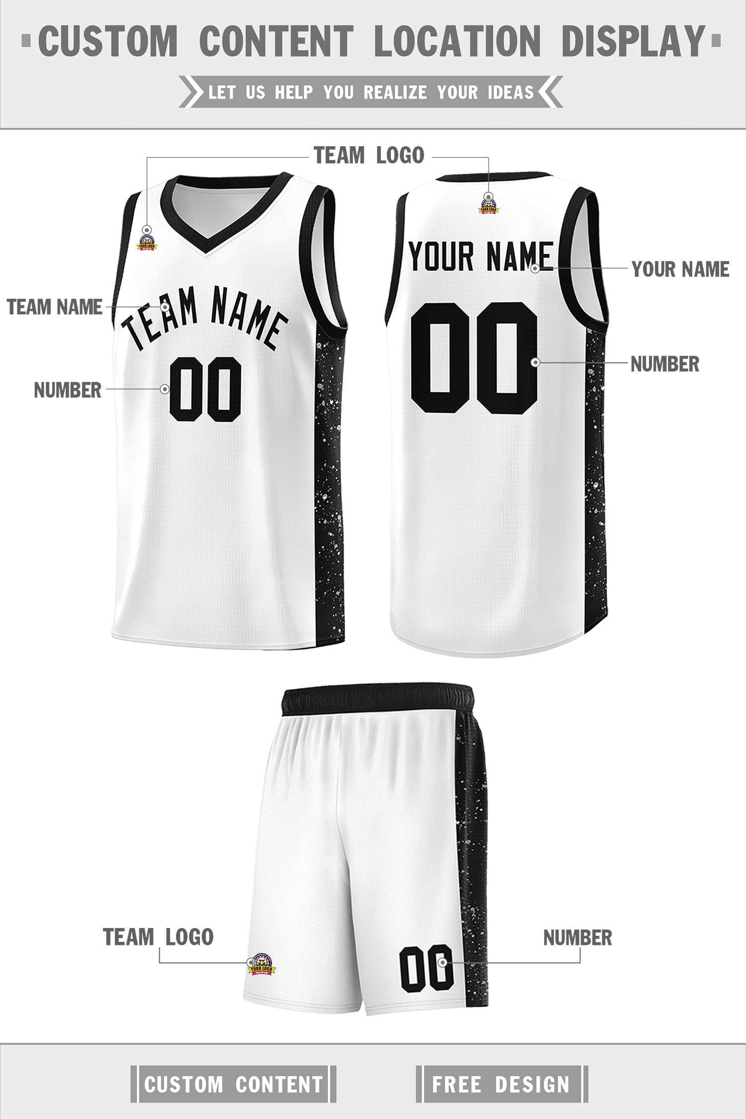 Custom White Black Side Splash Sports Uniform Basketball Jersey