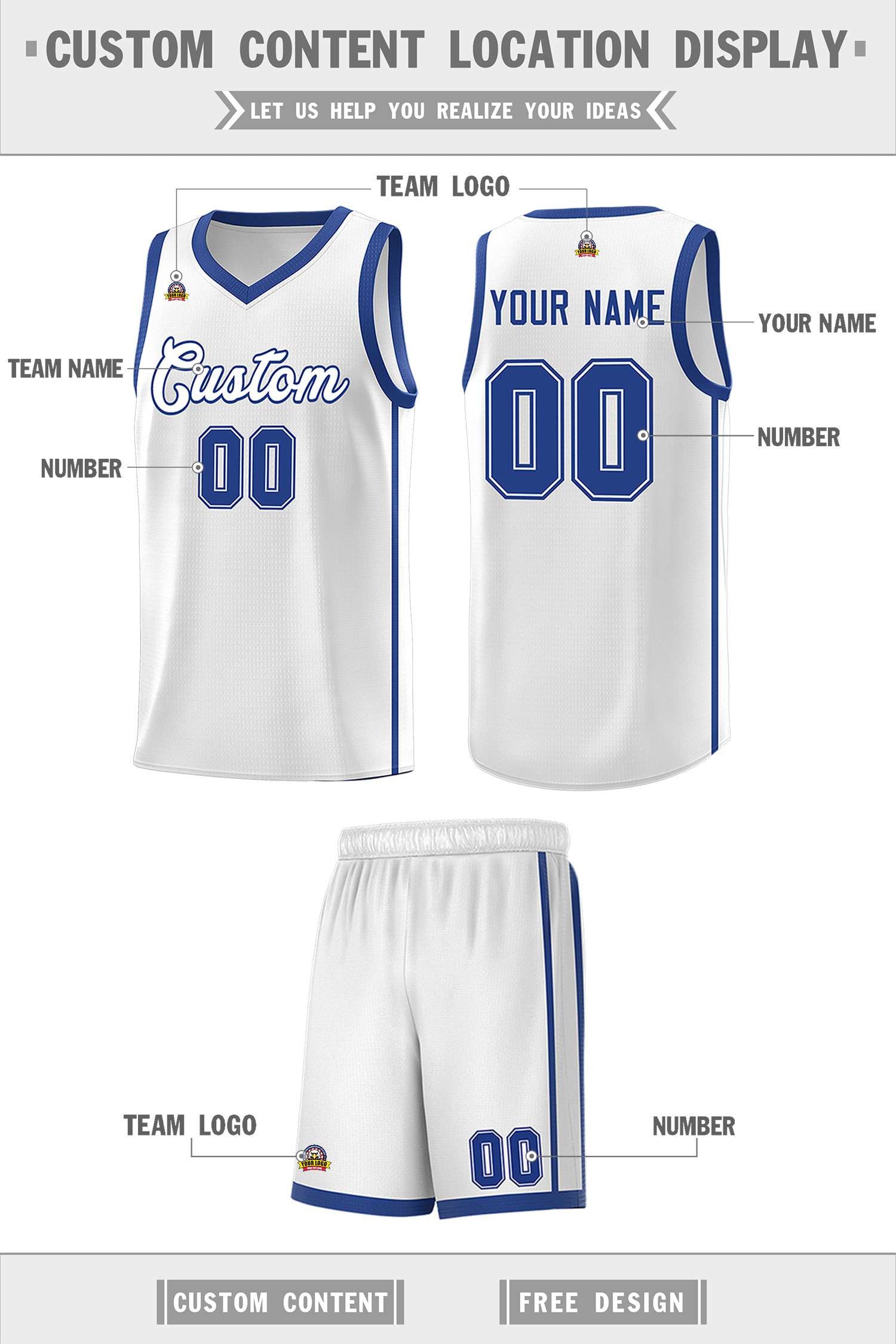 Custom White Royal Side Two Bars Sports Uniform Basketball Jersey