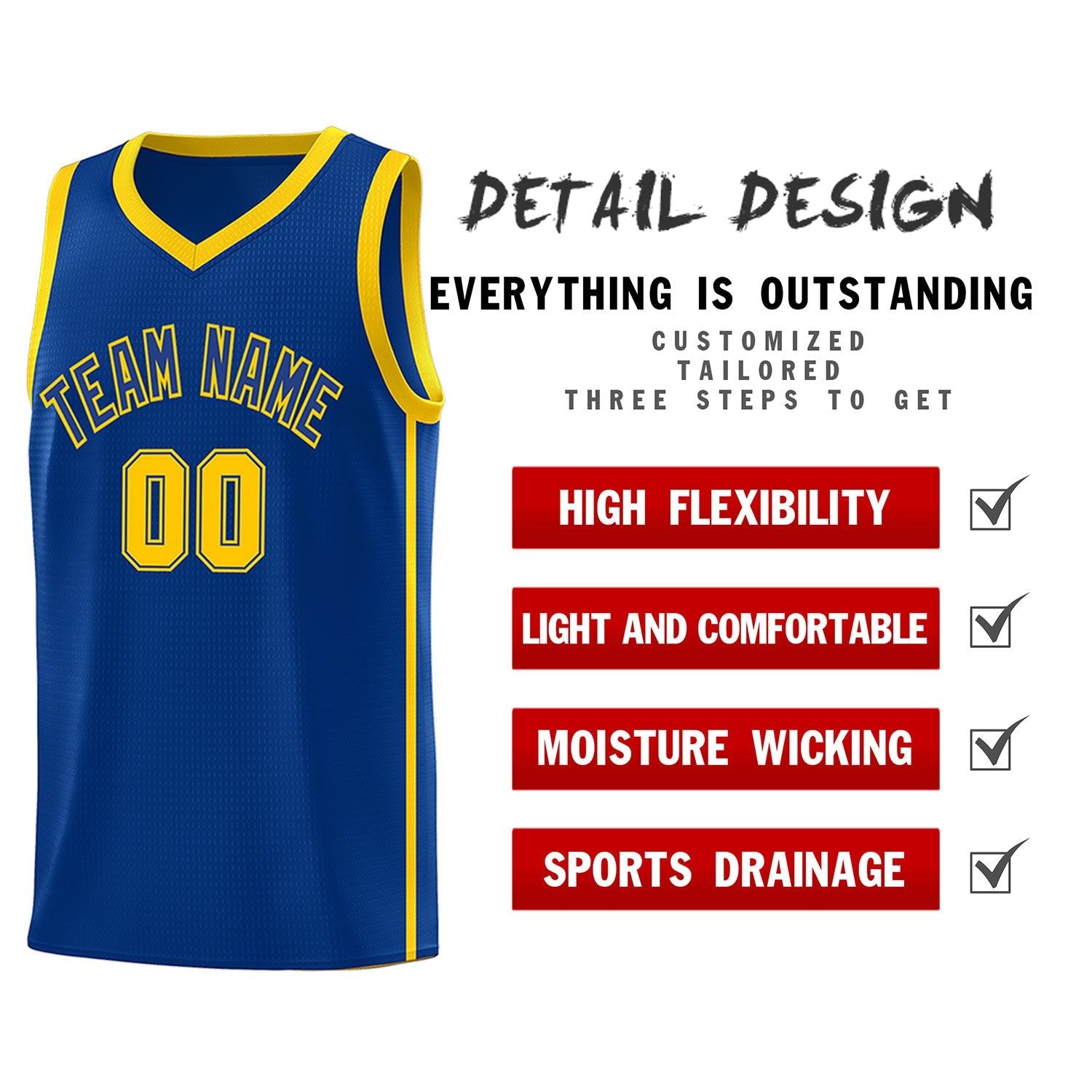 Custom Royal Gold Side Two Bars Sports Uniform Basketball Jersey