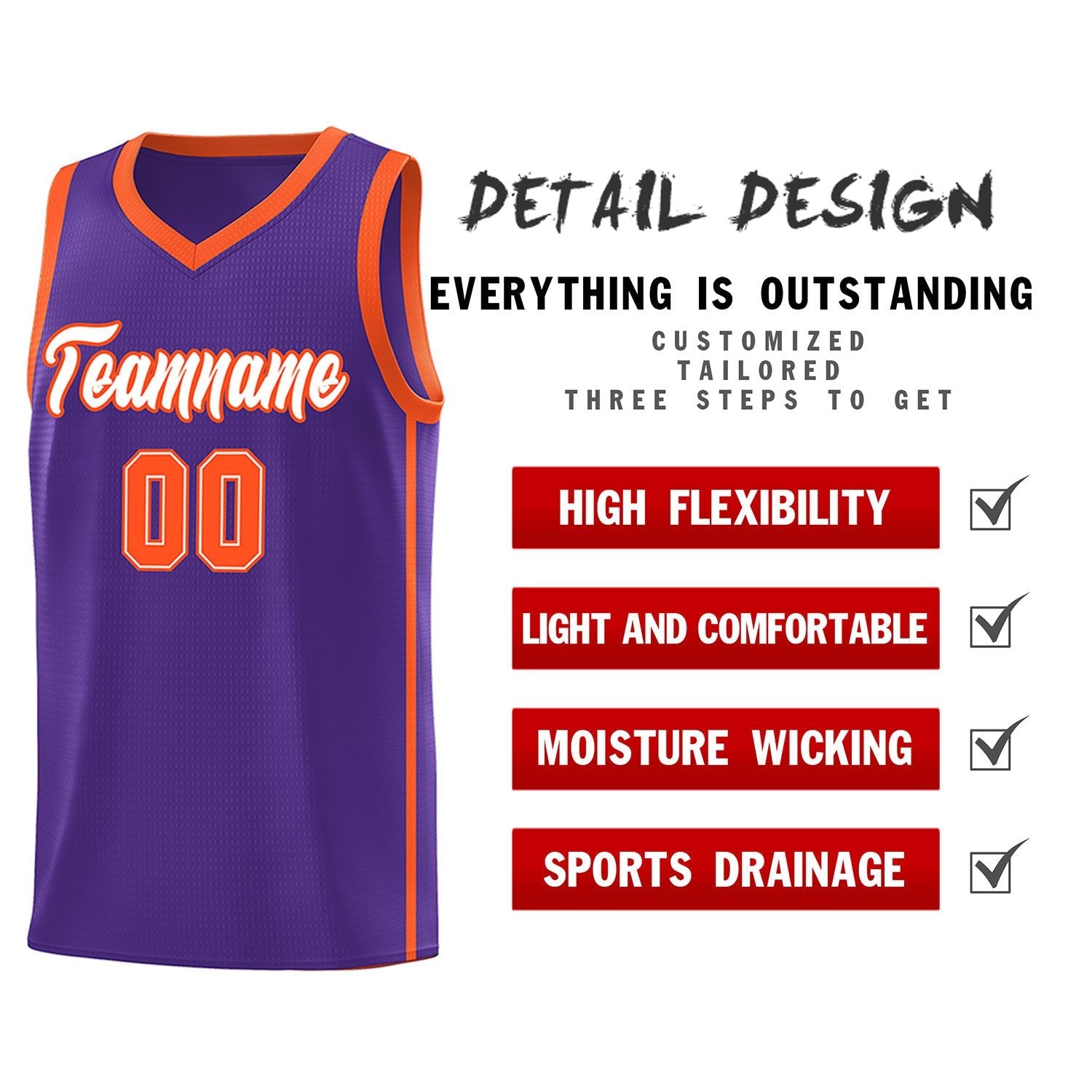 Custom Purple White-Orange Side Two Bars Sports Uniform Basketball Jersey