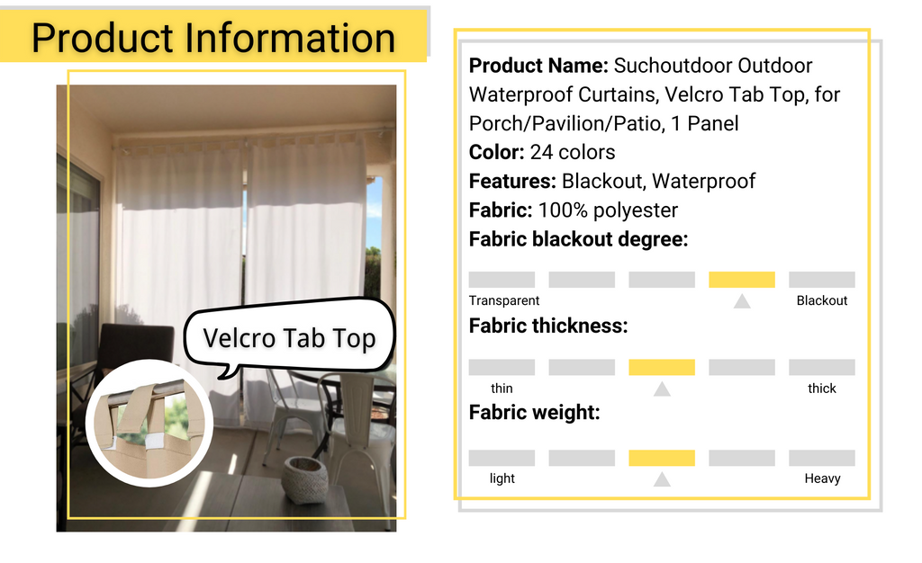Velcro Tab Top Waterproof Outdoor Curtains for Garage / Patio, 1