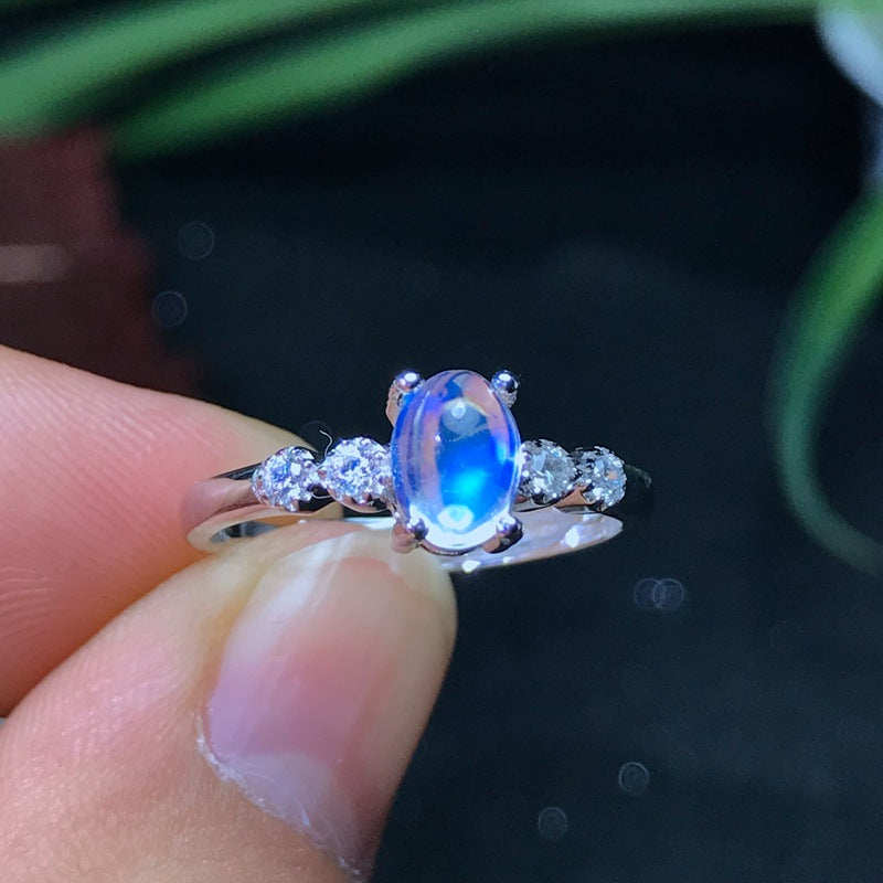 Inlaid Natural Blue Silver Moonstone Ring