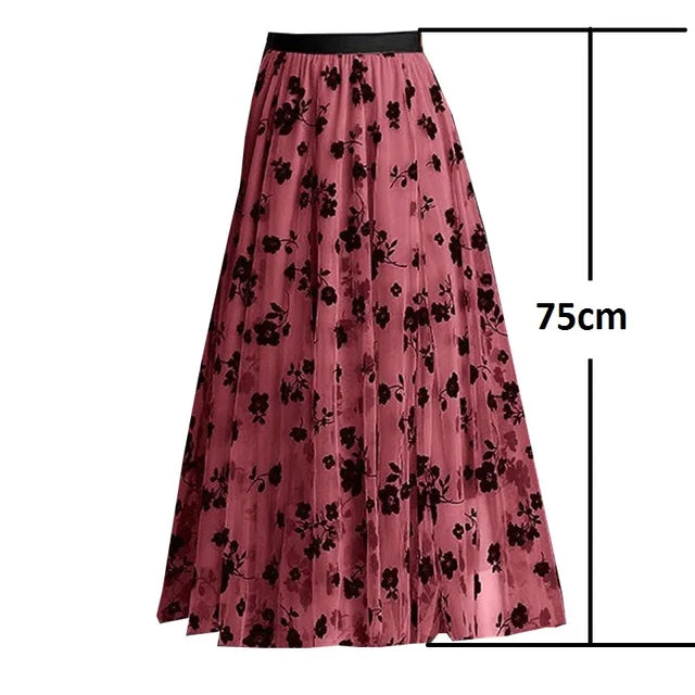 Flocking Floral Pirnted Long Mesh Skirt Women 2023 High Waist Max Pleated Tutu Tulle Skirt Gauze Skirt Female Jupe Longue