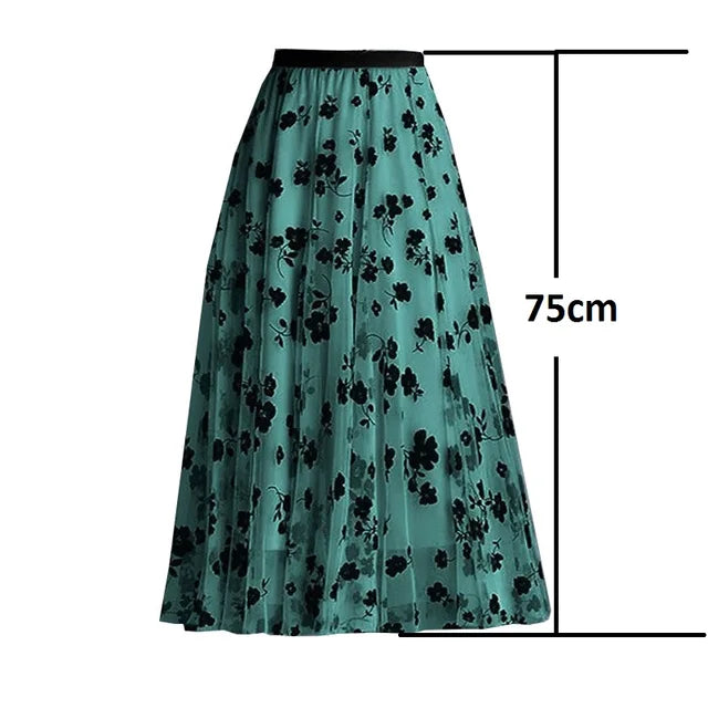 Flocking Floral Pirnted Long Mesh Skirt Women 2023 High Waist Max Pleated Tutu Tulle Skirt Gauze Skirt Female Jupe Longue