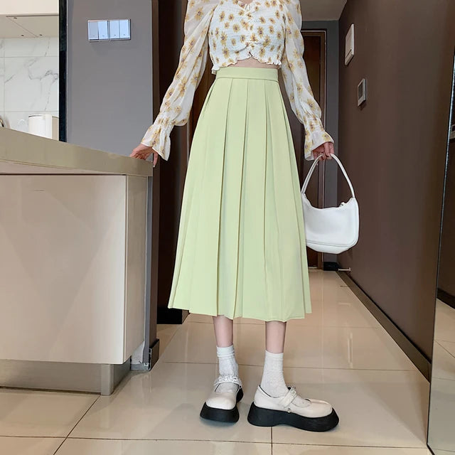 Korean Style Long Skirt Pleated Pink Skirts Women Fashion 2022 Spring Elegant A Line High Waisted Summer Midi White Skirt Girls