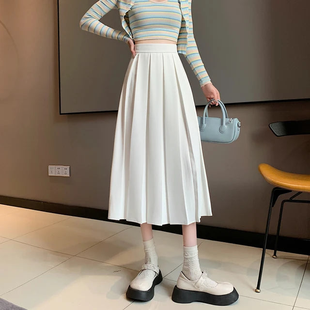 Korean Style Long Skirt Pleated Pink Skirts Women Fashion 2022 Spring Elegant A Line High Waisted Summer Midi White Skirt Girls