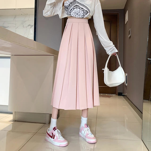 Korean Style Long Skirt Pleated Pink Skirts Women Fashion 2022 Spring Elegant A Line High Waisted Summer Midi White Skirt Girls