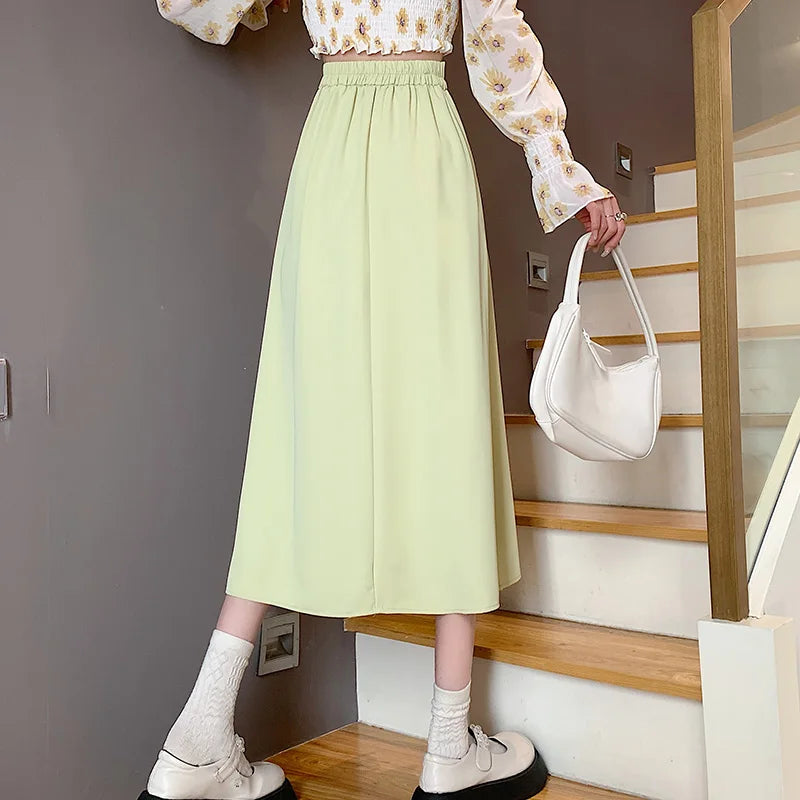 Korean Style Long Skirt Pleated Pink Skirts Women Fashion 2022 Spring Elegant A Line High Waisted Summer Midi White Skirt Girls