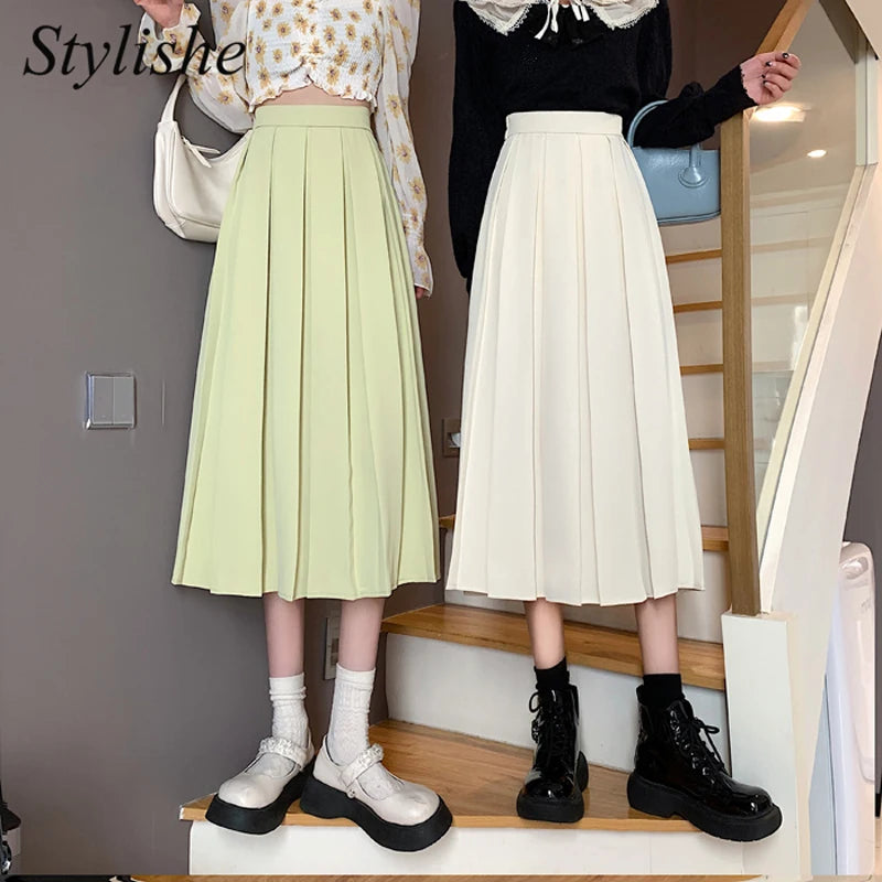 Korean Style Long Skirt Pleated Pink Skirts Women Fashion 2022 Spring Elegant A Line High Waisted Summer Midi White Skirt Girls