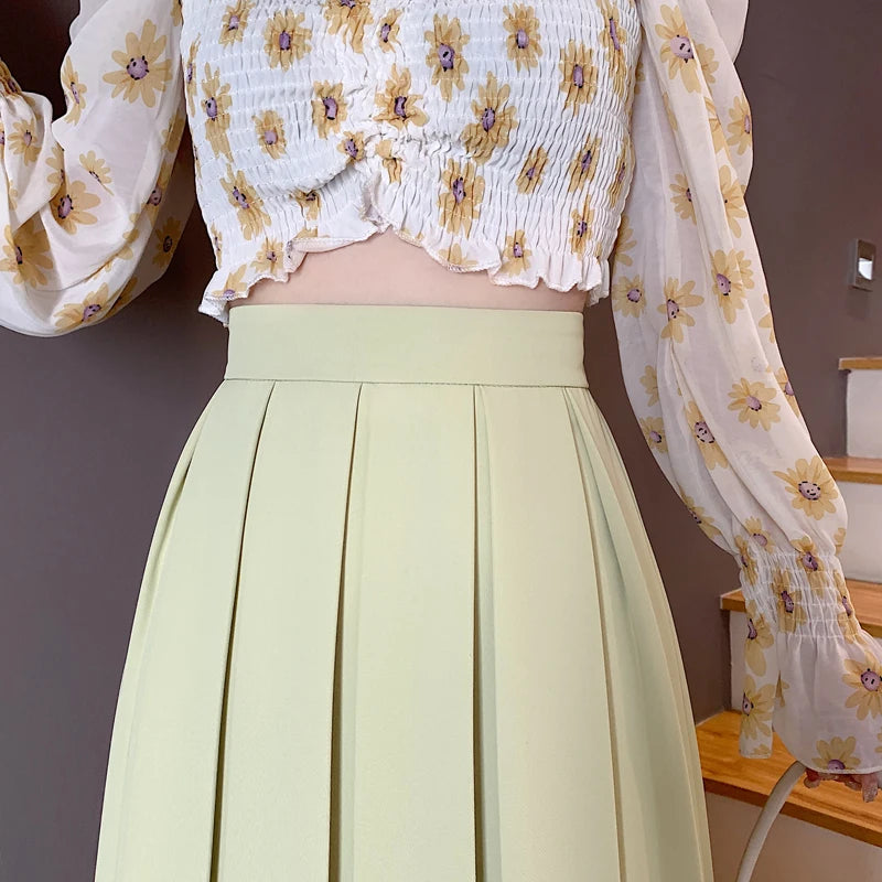 Korean Style Long Skirt Pleated Pink Skirts Women Fashion 2022 Spring Elegant A Line High Waisted Summer Midi White Skirt Girls