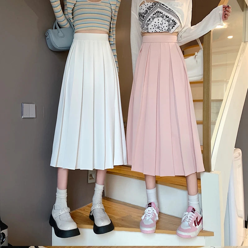 Korean Style Long Skirt Pleated Pink Skirts Women Fashion 2022 Spring Elegant A Line High Waisted Summer Midi White Skirt Girls