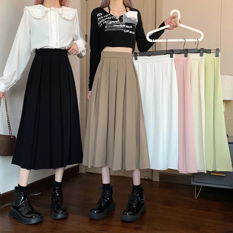 Korean Style Long Skirt Pleated Pink Skirts Women Fashion 2022 Spring Elegant A Line High Waisted Summer Midi White Skirt Girls