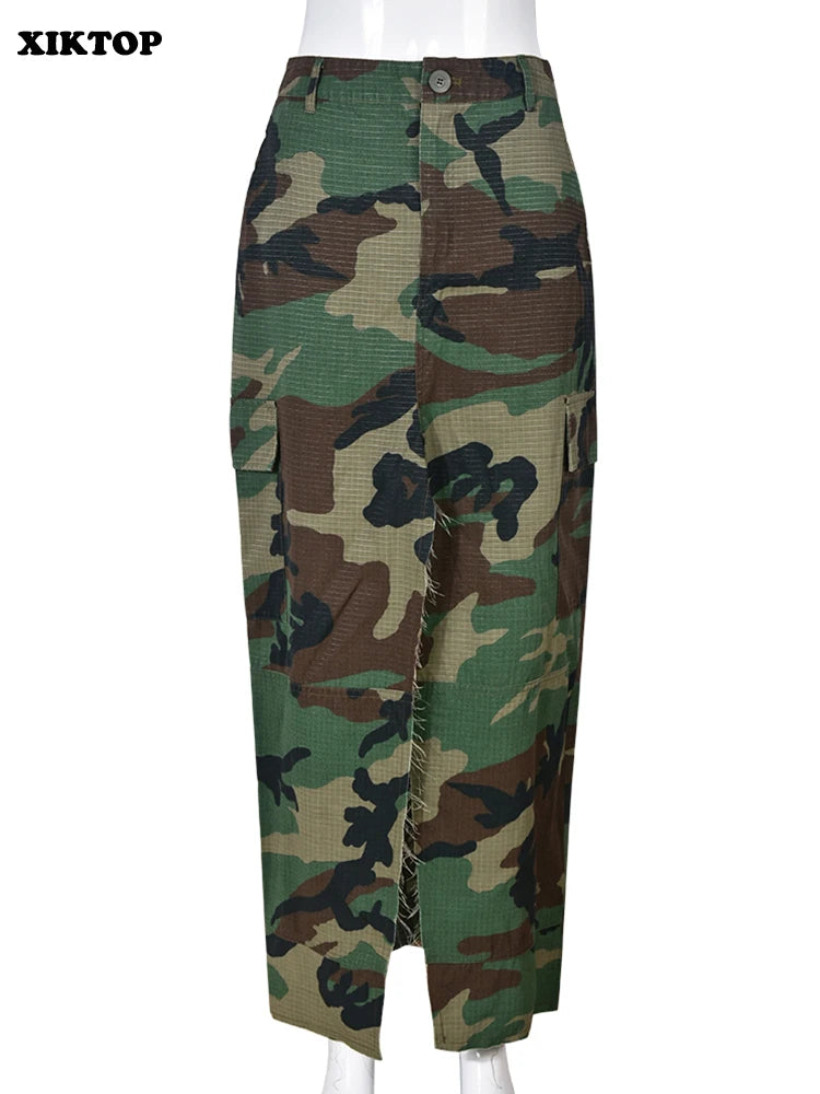 XIKTOP Casual Camouflage Skirt Women 2023 Y2K Front Slit All-Matching Pockets Patchwork Zip Up Maxi Skirts Stylish Streetwear