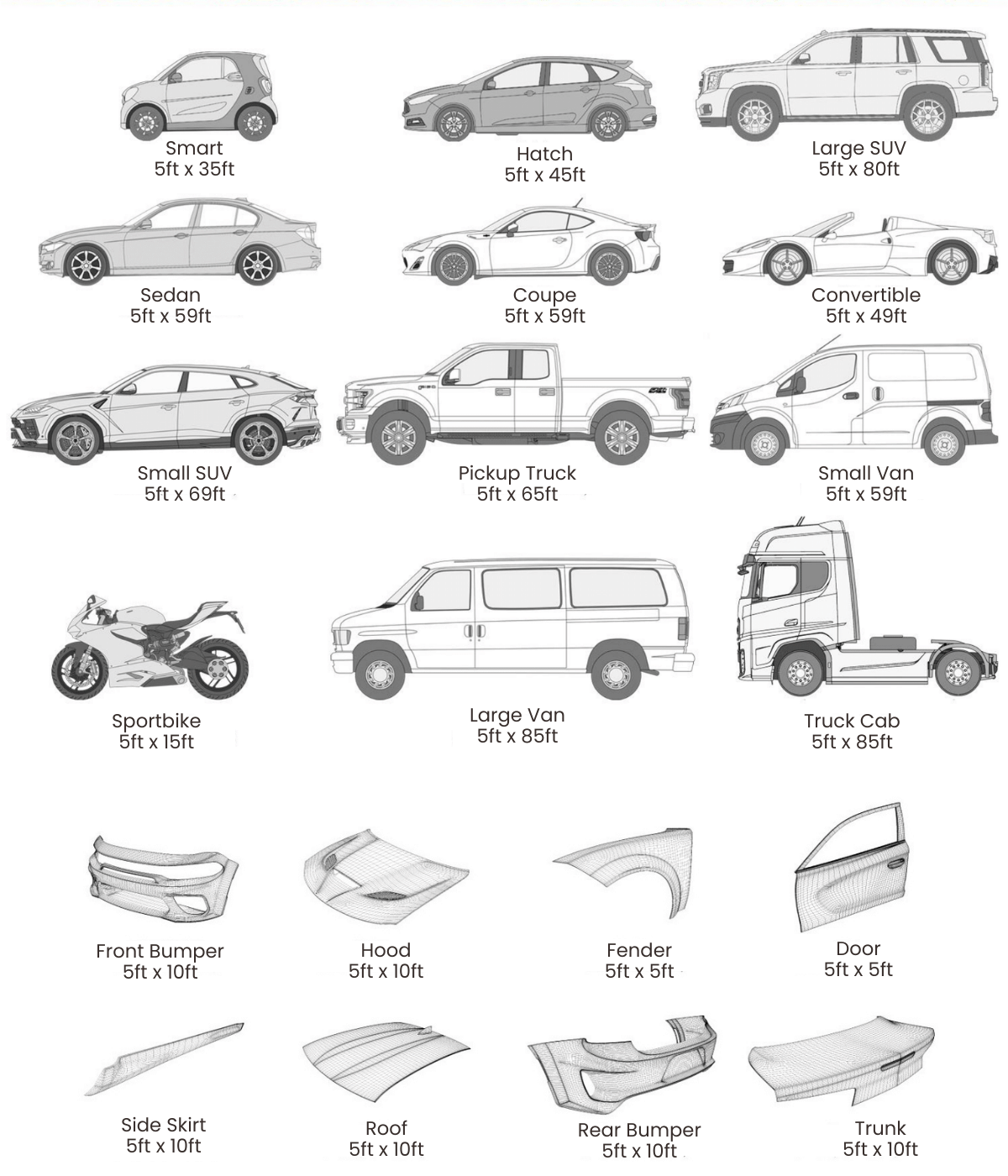 car wrapping size chart