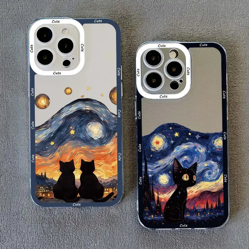 Starry Sky Cat Clear Soft Back Cover Phone Case for iPhone 15 Series