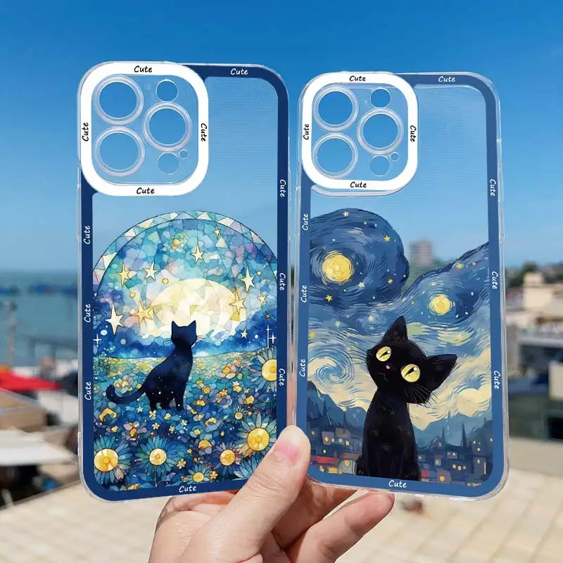 Starry Sky Cat Clear Soft Back Cover Phone Case for iPhone 15 Series