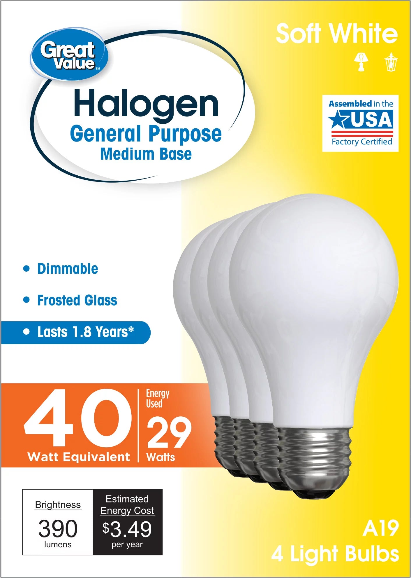 Great Value Halogen Light Bulbs, Soft White, A19 General Purpose