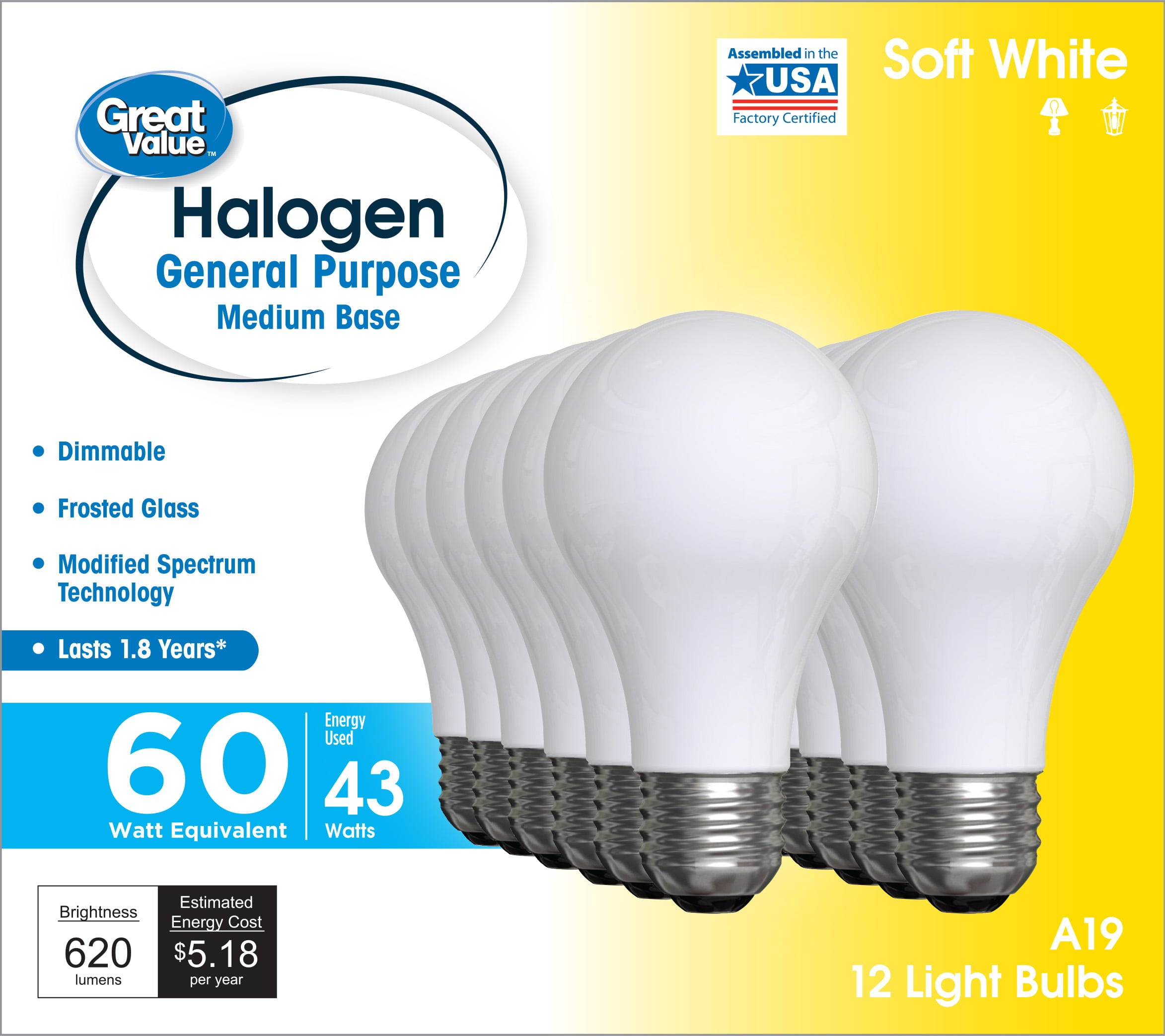 Great Value Halogen Light Bulbs, Soft White, A19 General Purpose