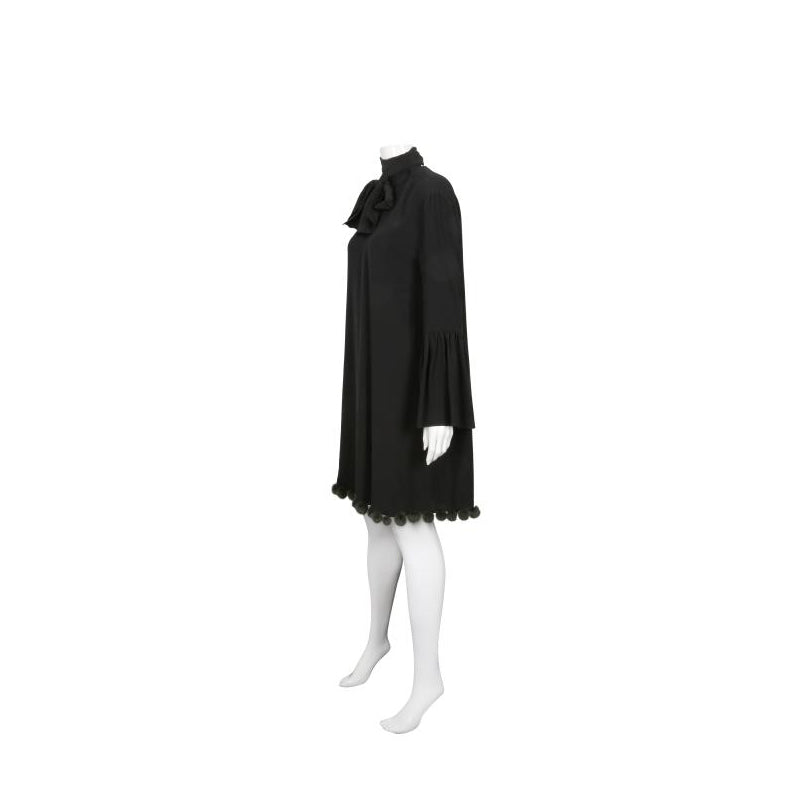 Fendi Black Silk Pom Pom Fur Trim Long Sleeve Dress Size 42