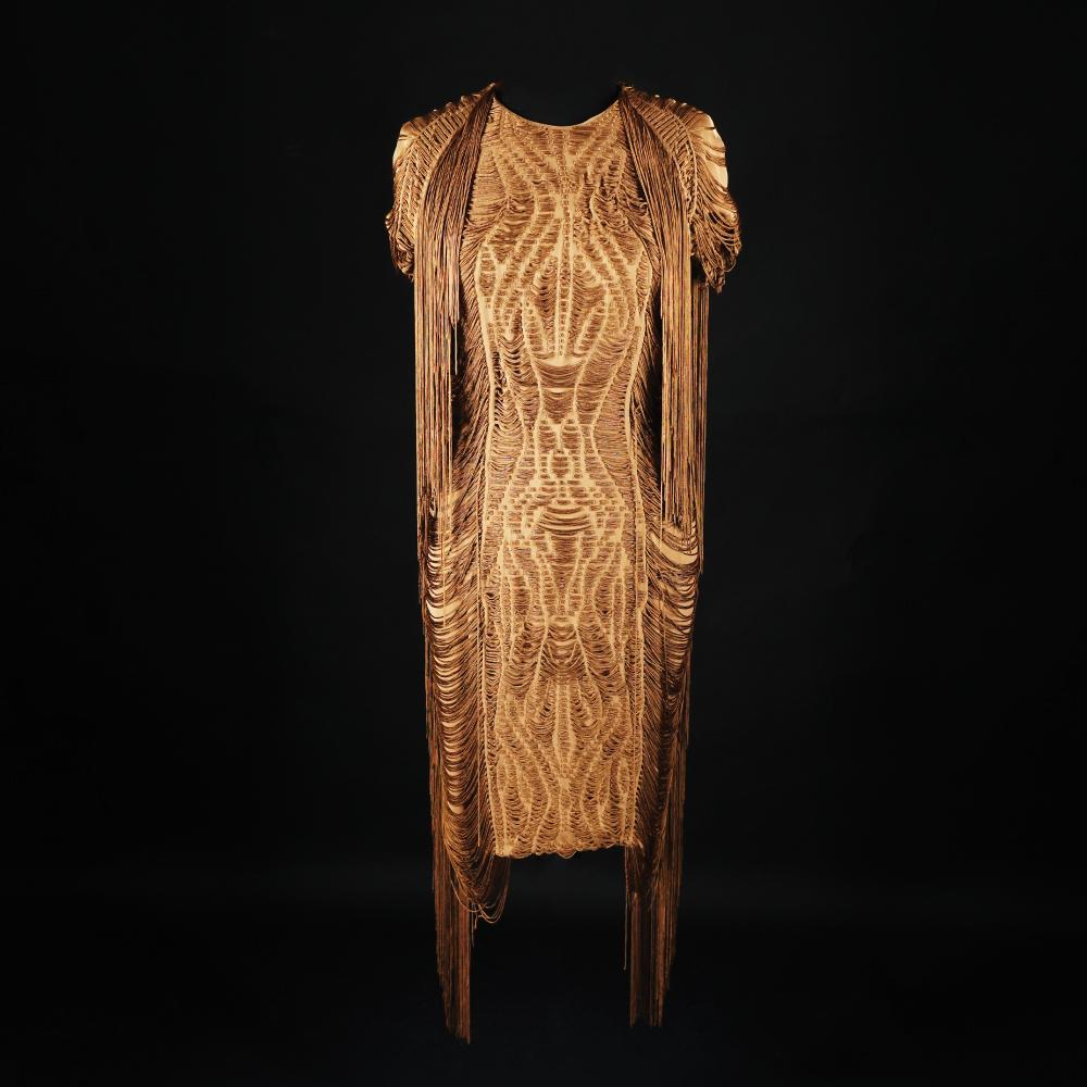 Gucci Silk Brown Short-sleeved Dress with Fringes